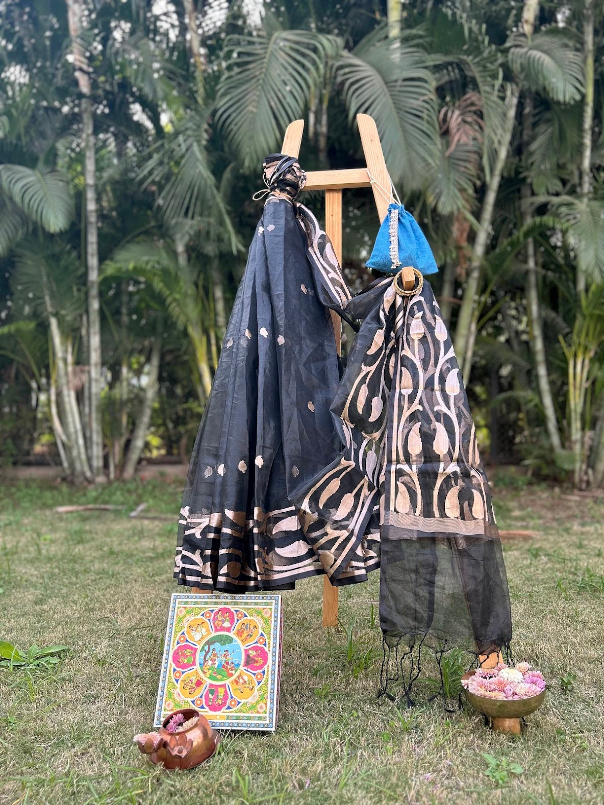 Black Organza Saree with Gold Leaf Detailing