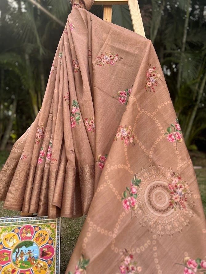 Unique mandala art in brown hue brown Saree