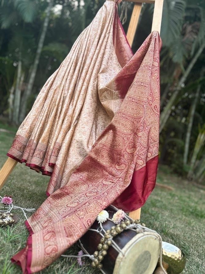 Royal Creme & Mehroon Tanchoi Silk