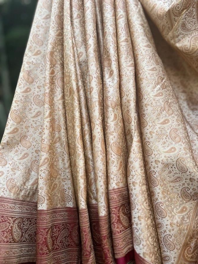 Royal Creme & Mehroon Tanchoi Silk