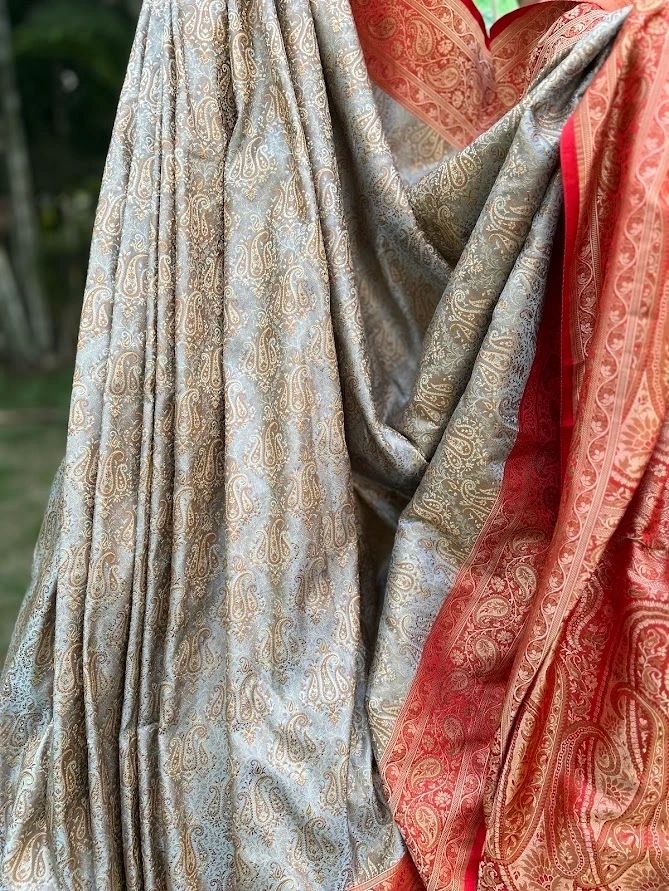 Gray & Red Tanchoi Silk saree