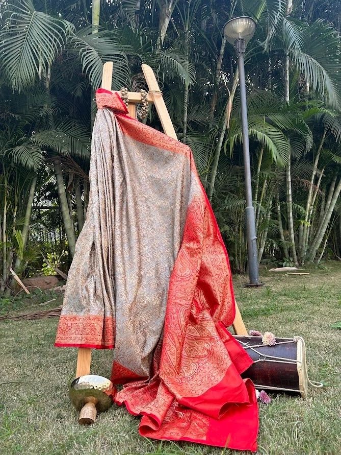 Gray & Red Tanchoi Silk saree