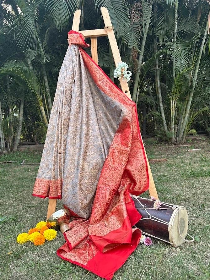 Gray & Red Tanchoi Silk saree