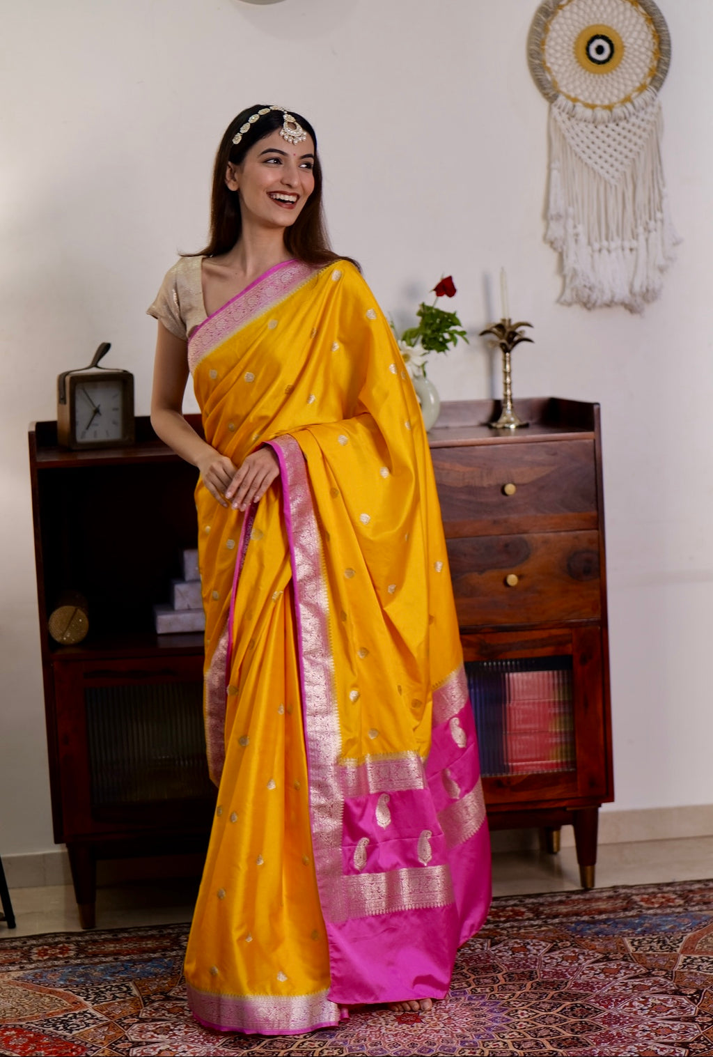 Yellow & Pink Handwoven Banarasi Mashru Silk Saree