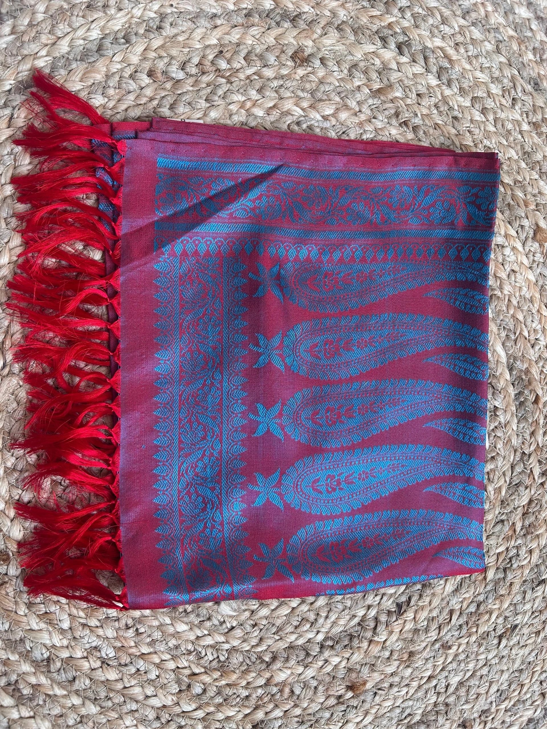 Red hues with blue and light blue motifs stole