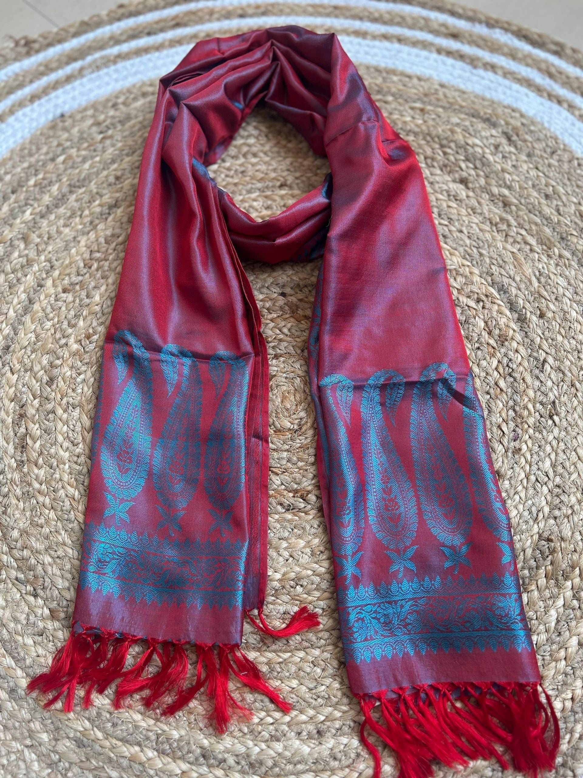 Red hues with blue and light blue motifs stole