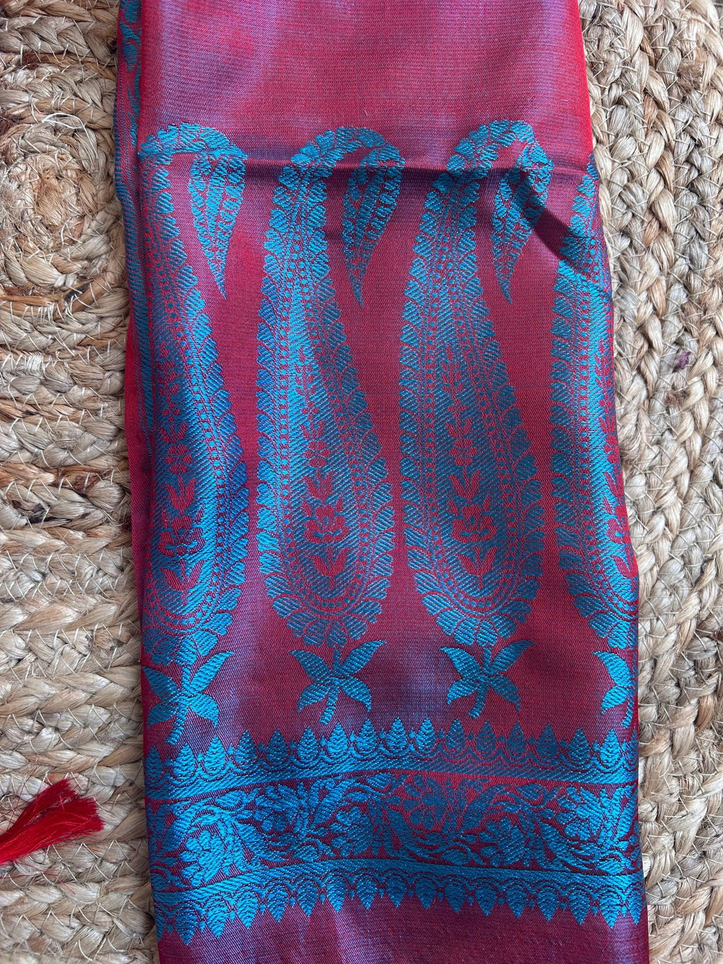 Red hues with blue and light blue motifs stole