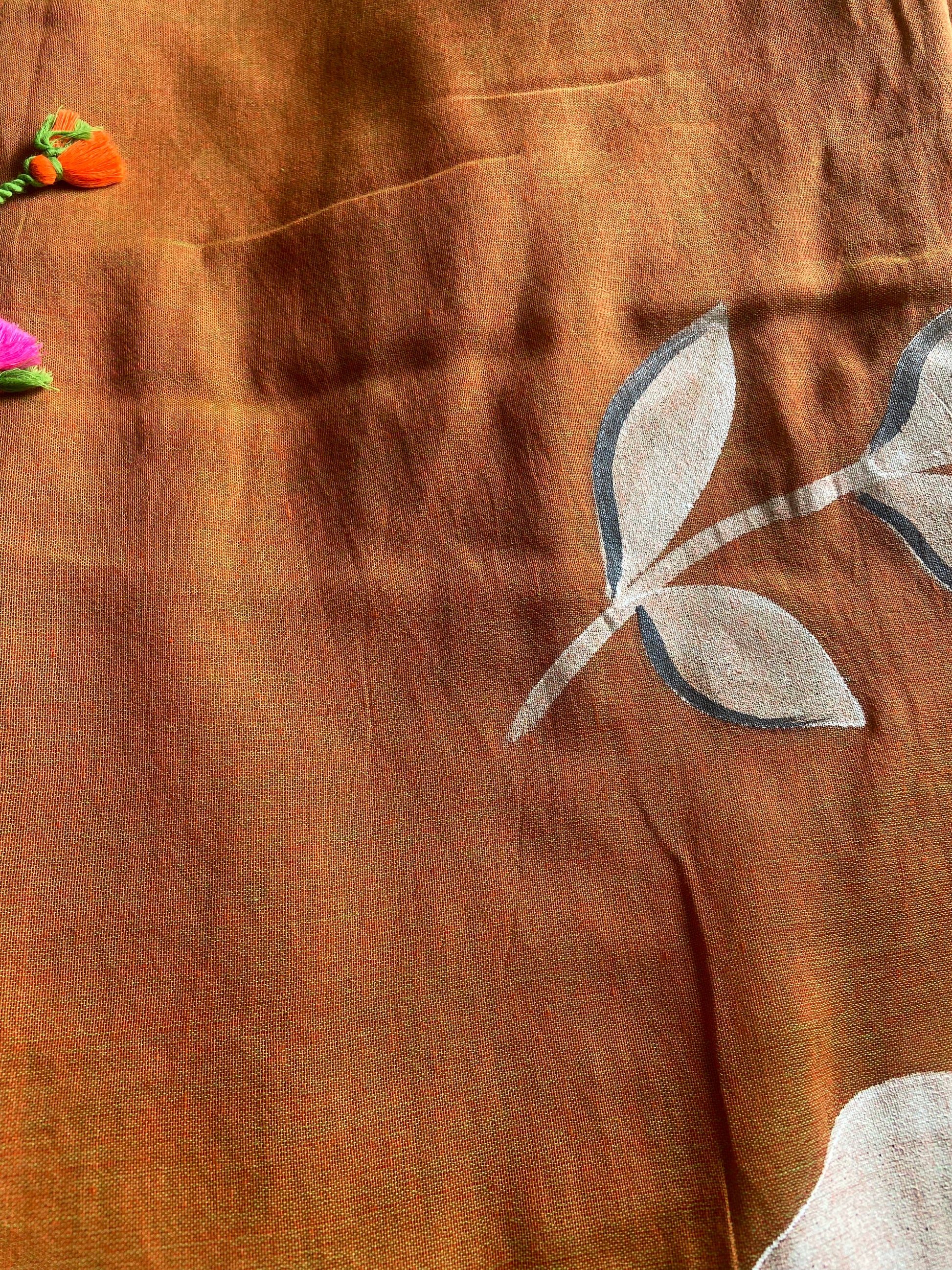 Handprinted Khadi Cotton Saree in Orange