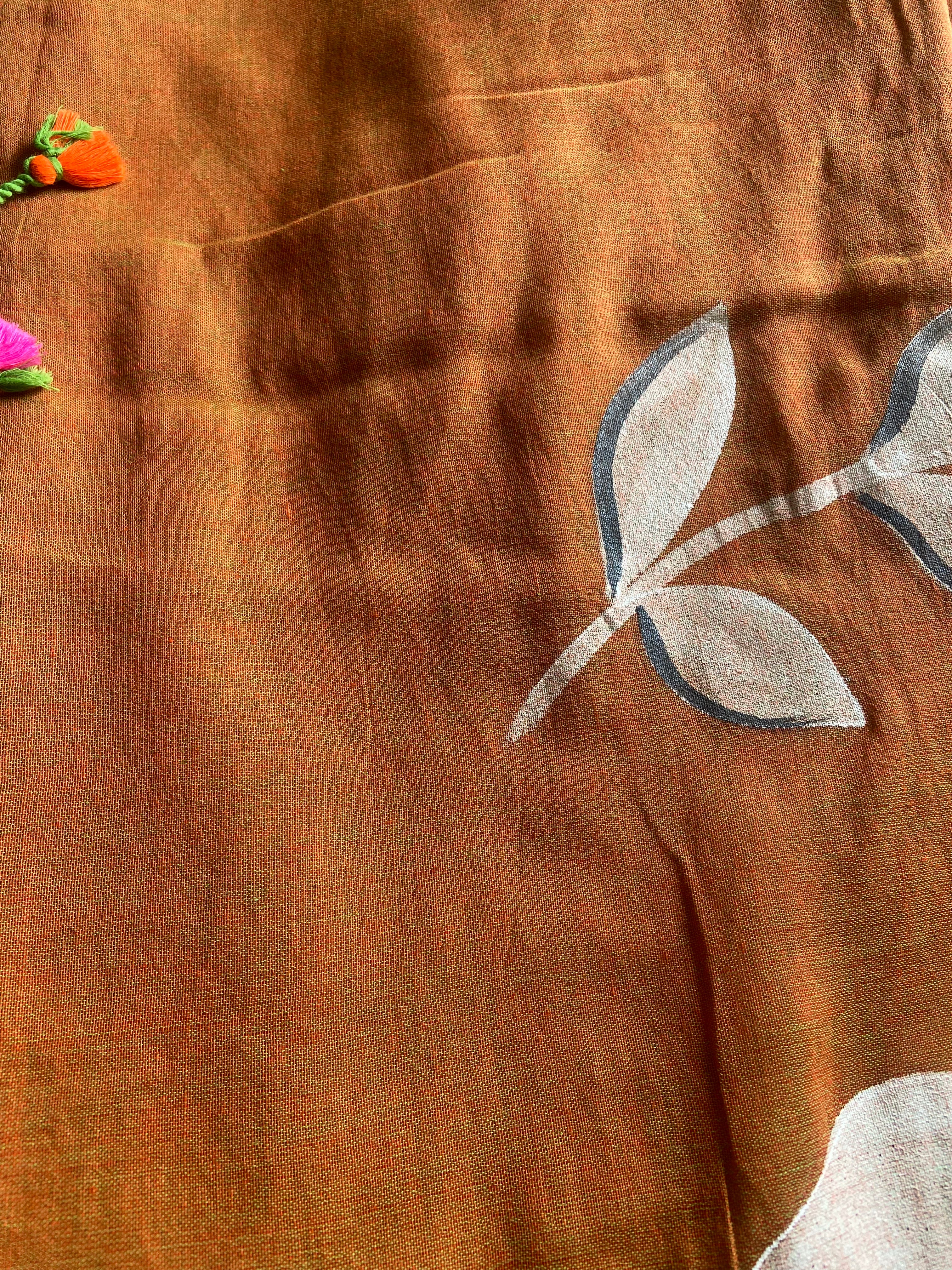 Handprinted Khadi Cotton Saree in Orange
