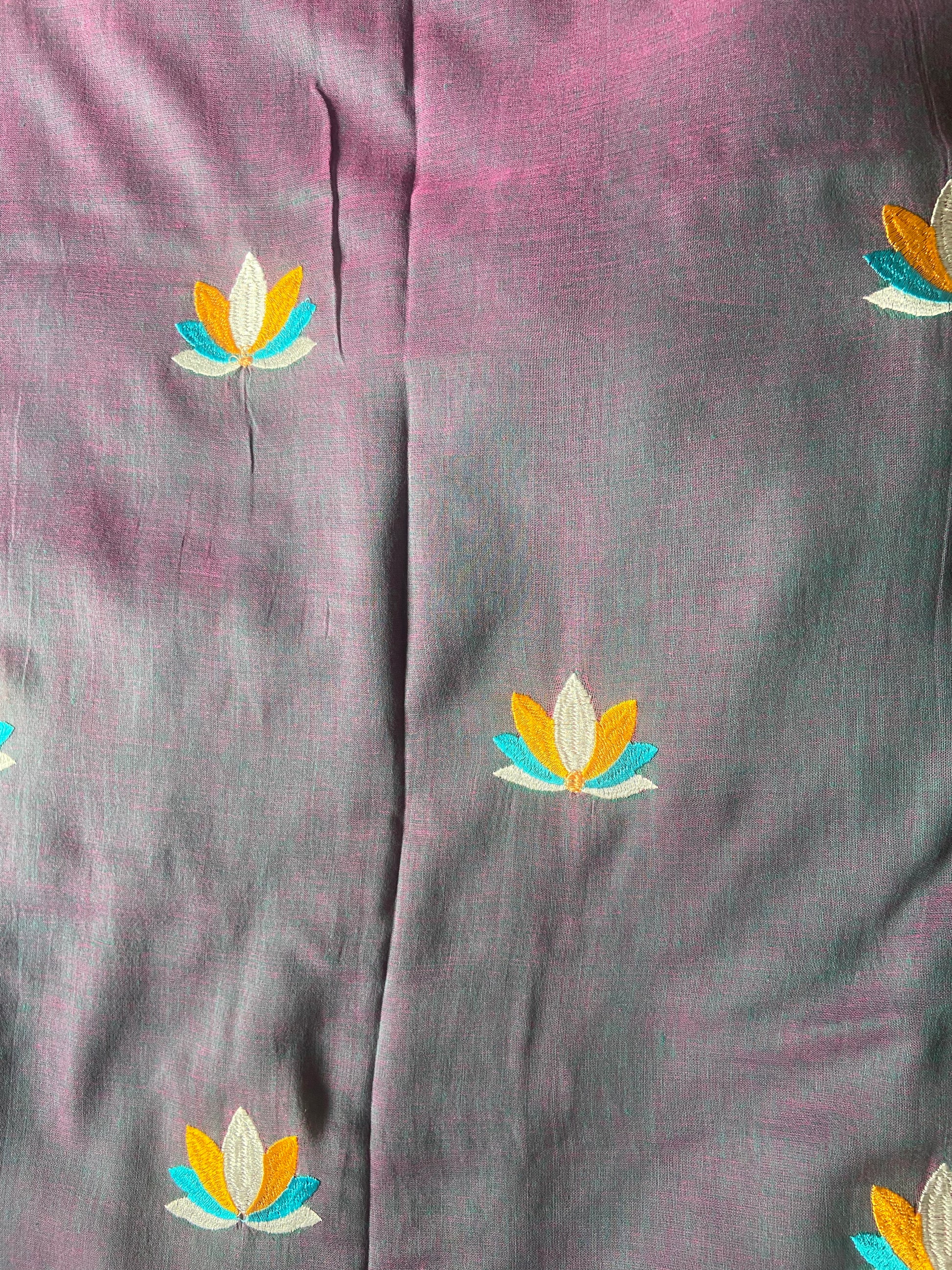Grey-Purple Handloom Khadi Saree with Floral Embroidery