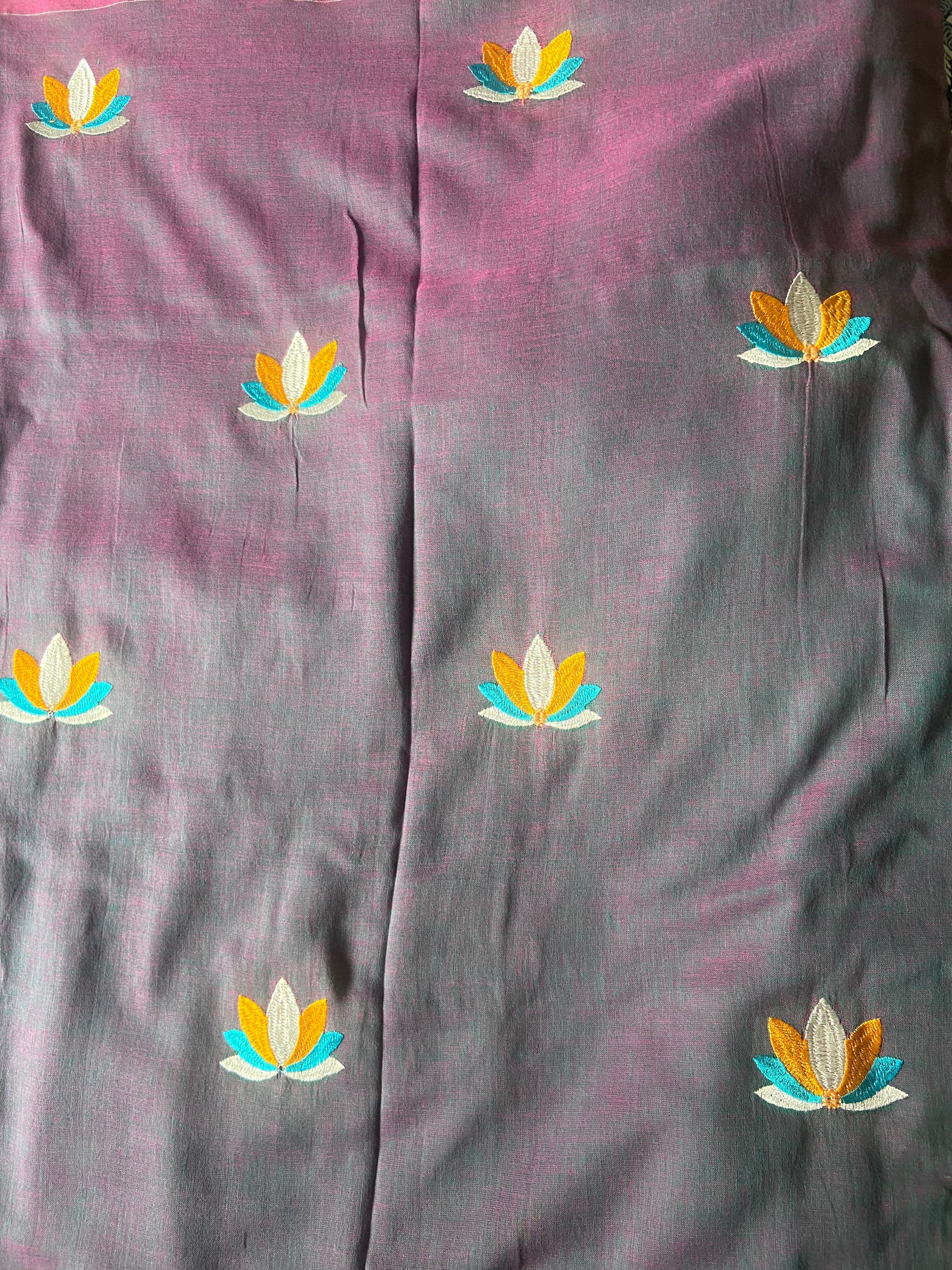 Grey-Purple Handloom Khadi Saree with Floral Embroidery