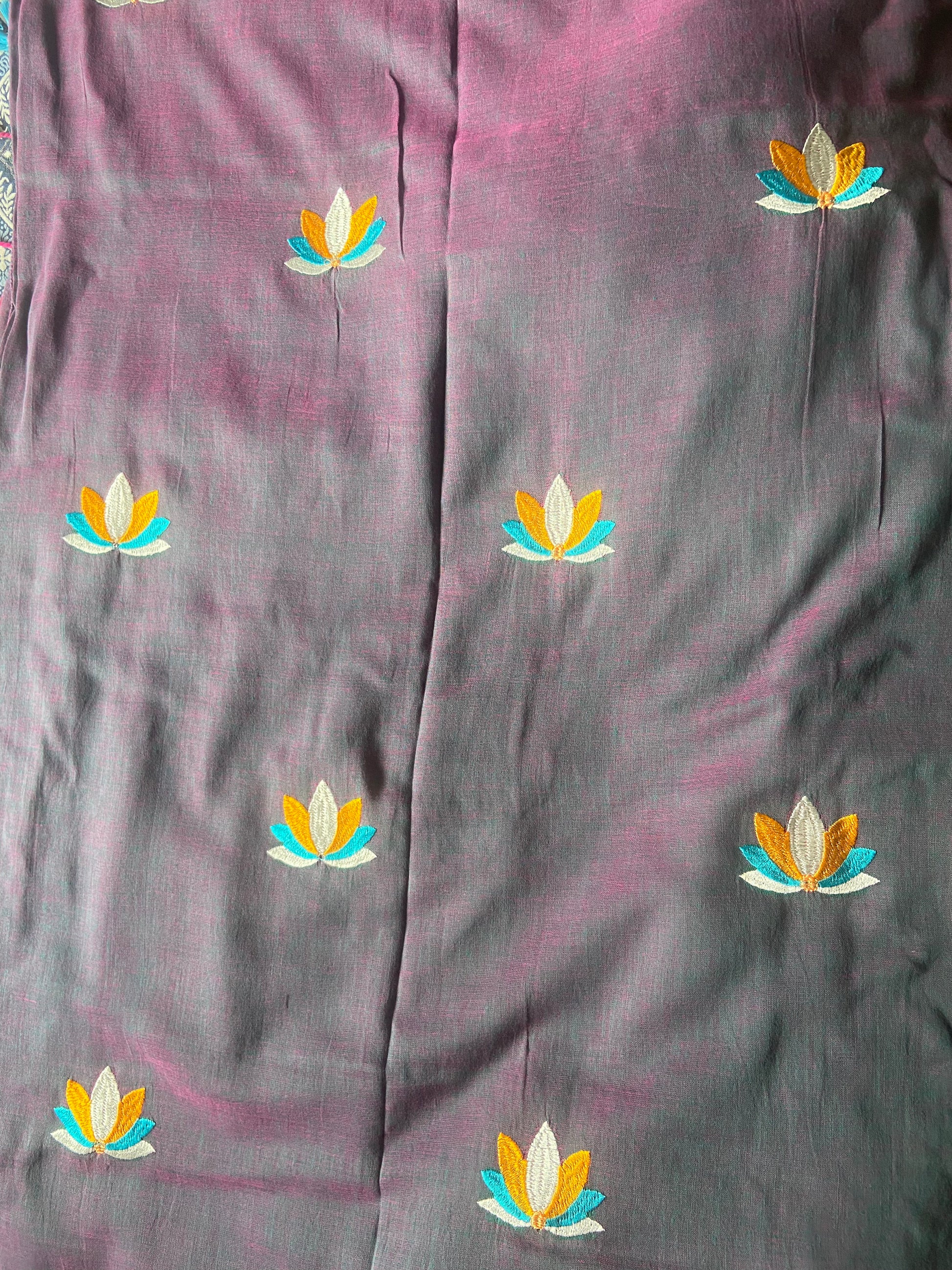 Grey-Purple Handloom Khadi Saree with Floral Embroidery