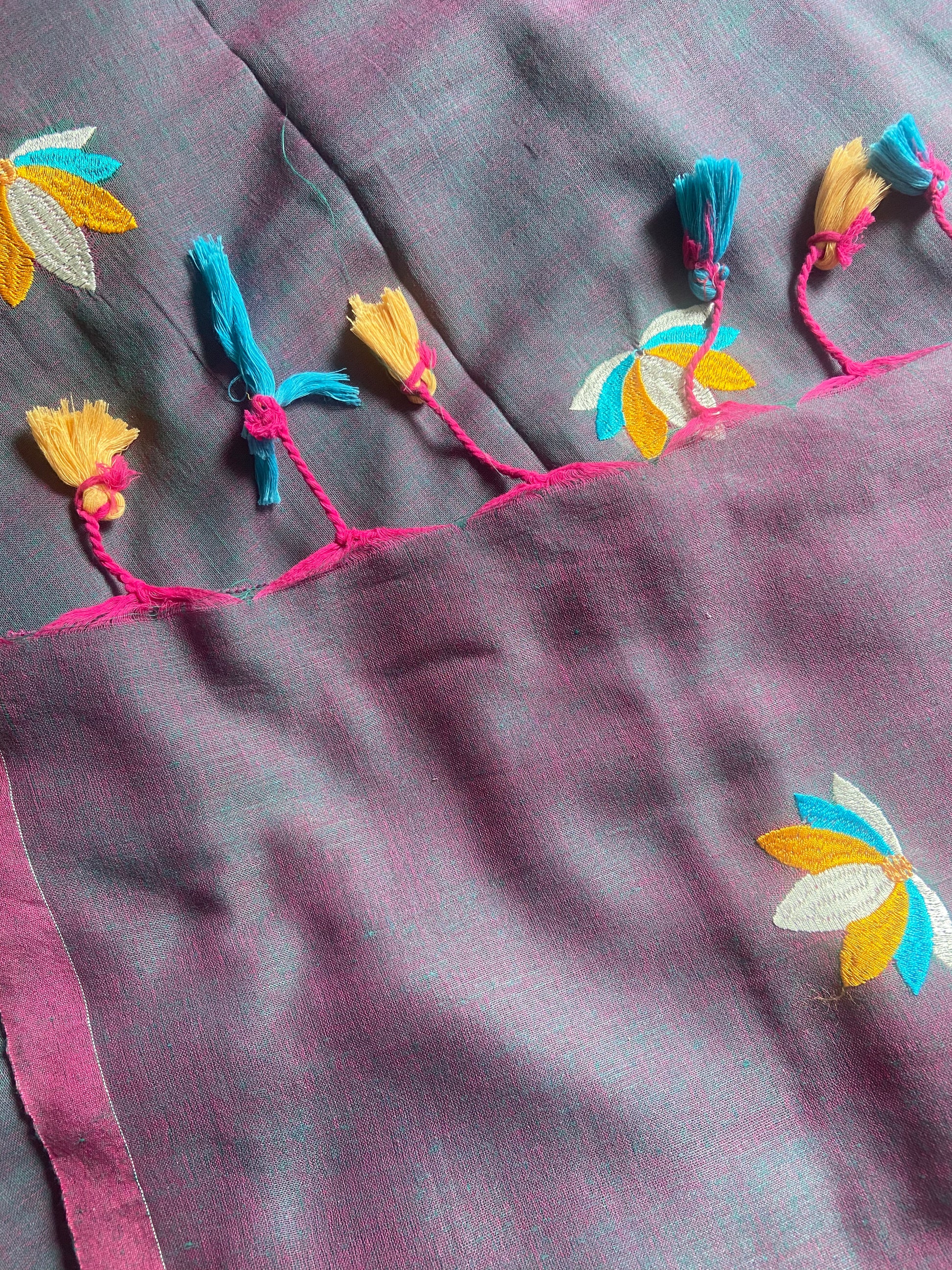 Grey-Purple Handloom Khadi Saree with Floral Embroidery