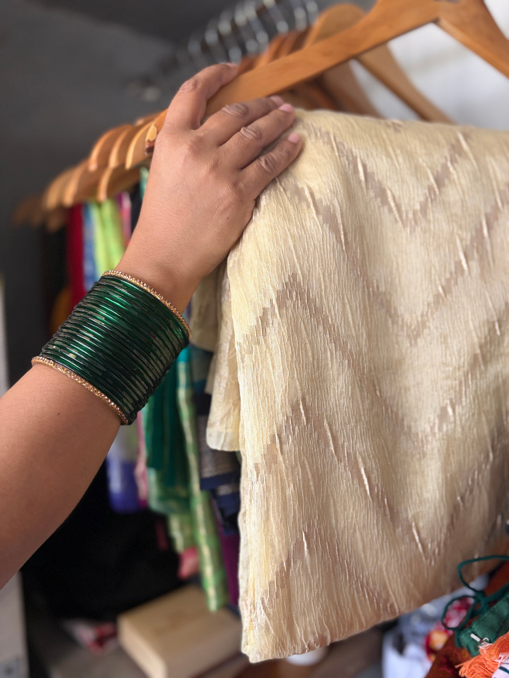 Golden crushed tissue silk saree | Weave Owl handwoven in banaras
