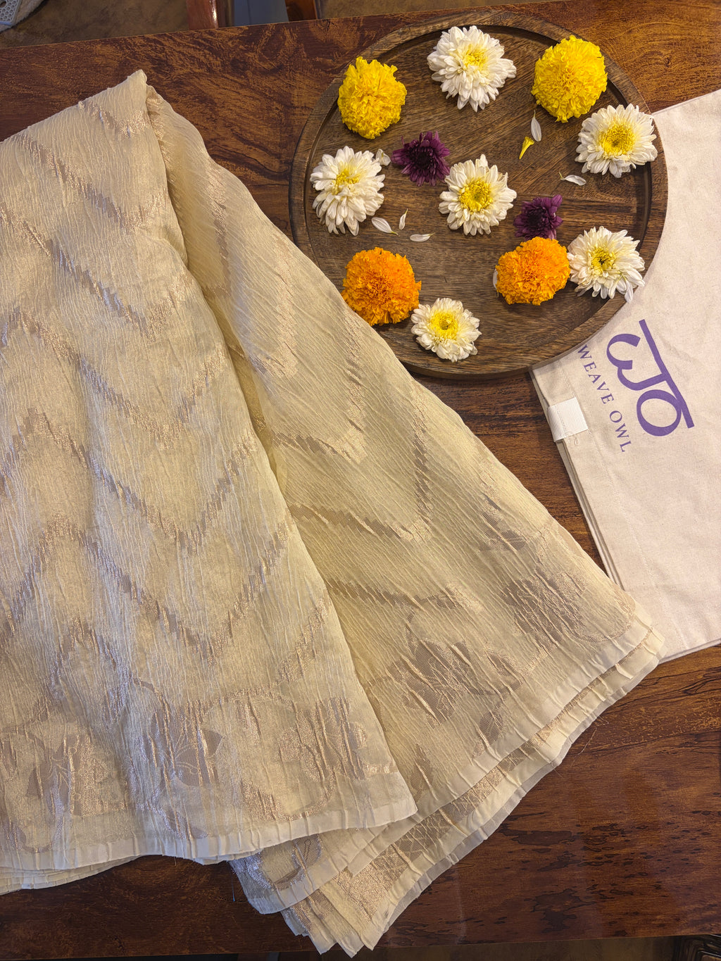 Golden crushed tissue silk saree | Weave Owl handwoven in banaras