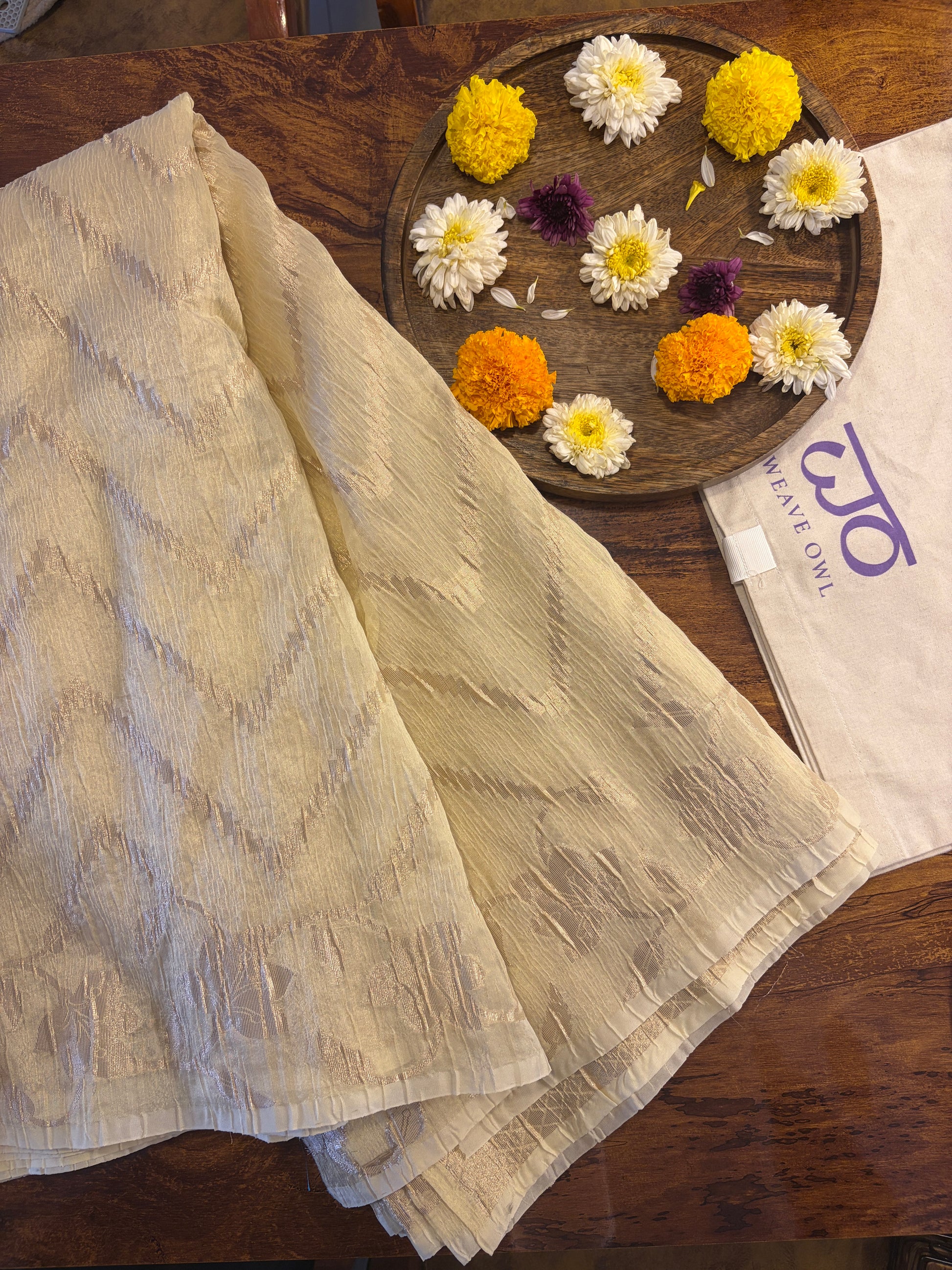 Golden crushed tissue silk saree | Weave Owl handwoven in banaras