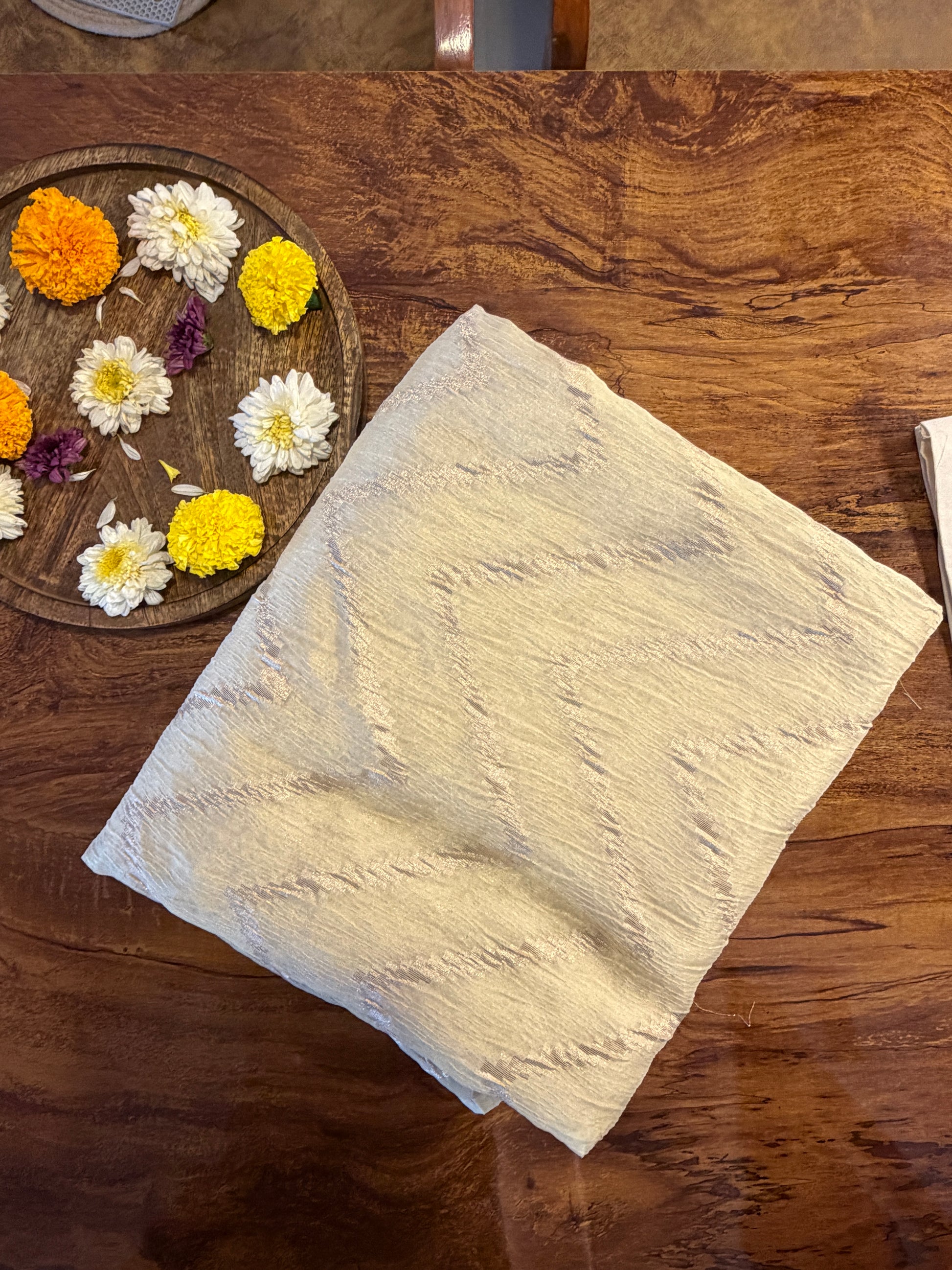 Golden crushed tissue silk saree | Weave Owl handwoven in banaras