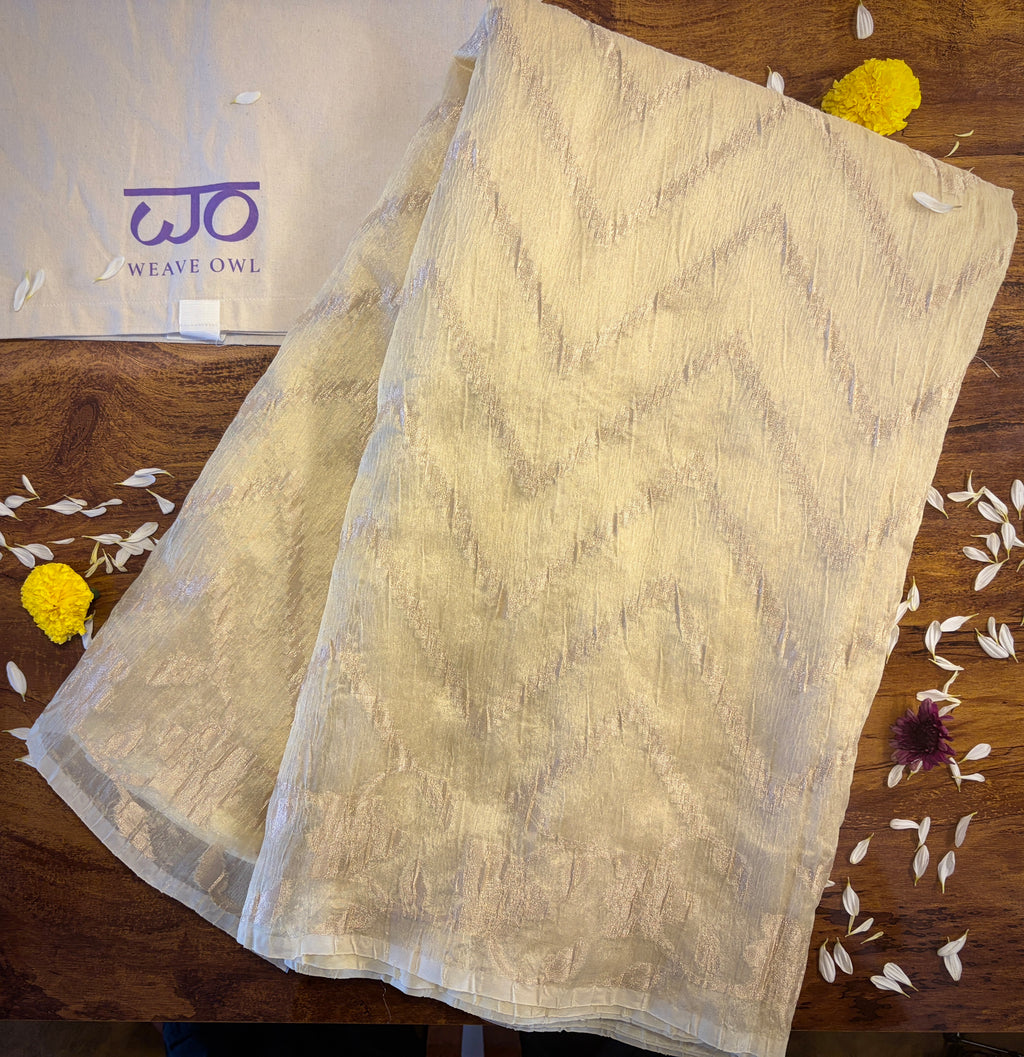Golden crushed tissue silk saree | Weave Owl handwoven in banaras