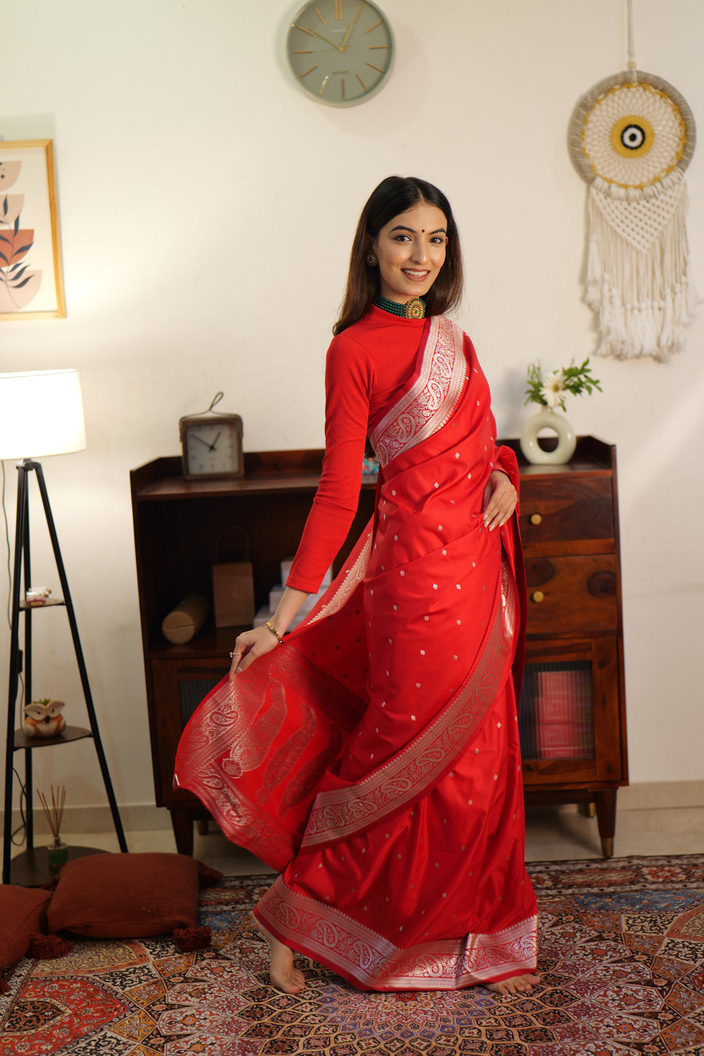 Classic Red Katan silk saree | Handwoven Banarasi