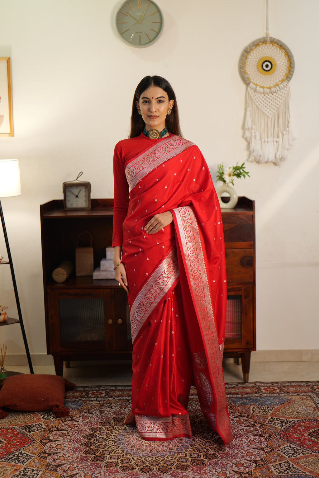 Classic Red Katan silk saree | Handwoven Banarasi