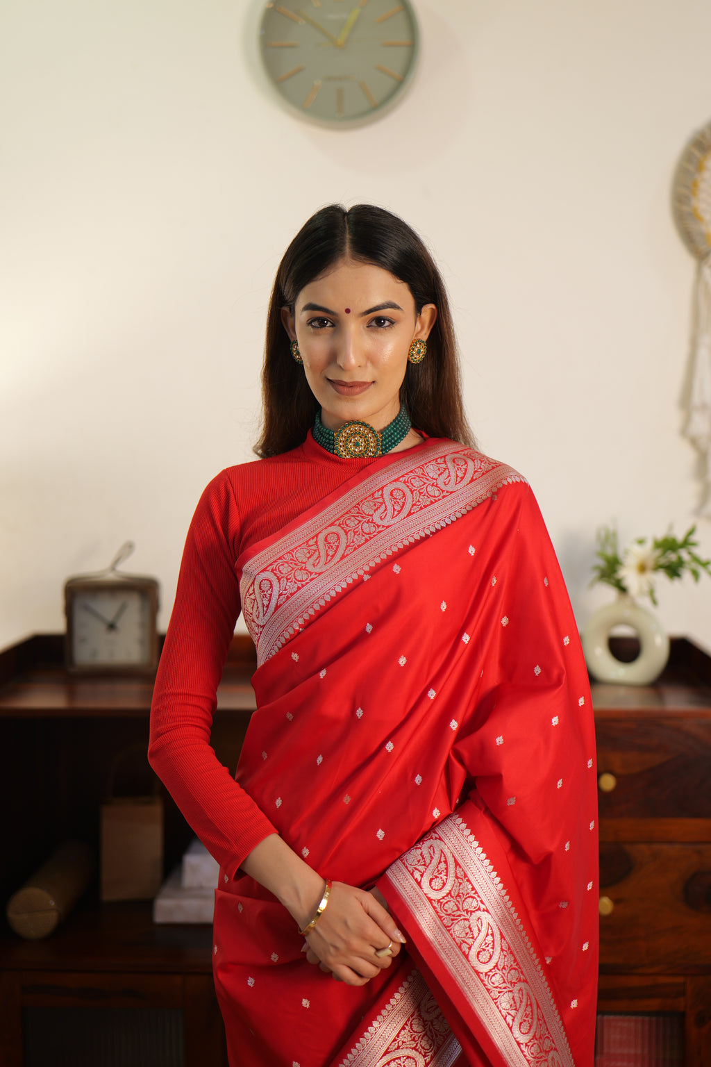 Classic Red Katan silk saree | Handwoven Banarasi