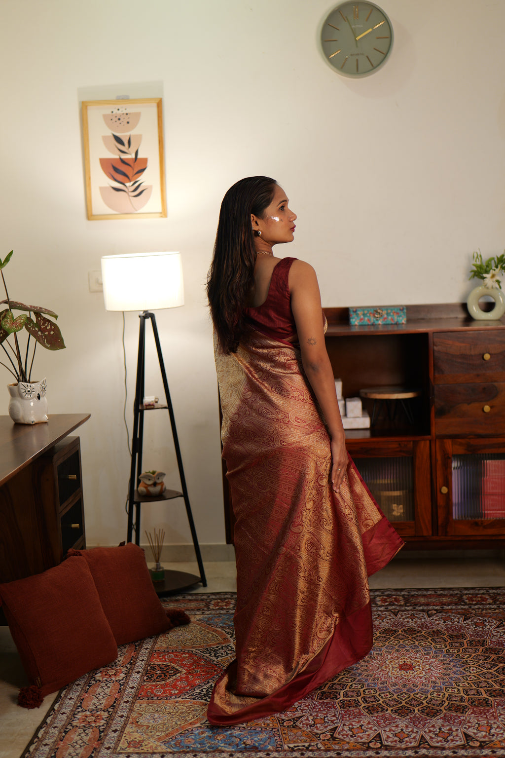Royal Creme & Mehroon Tanchui Silk sare | Weave Owl handwoven in banaras