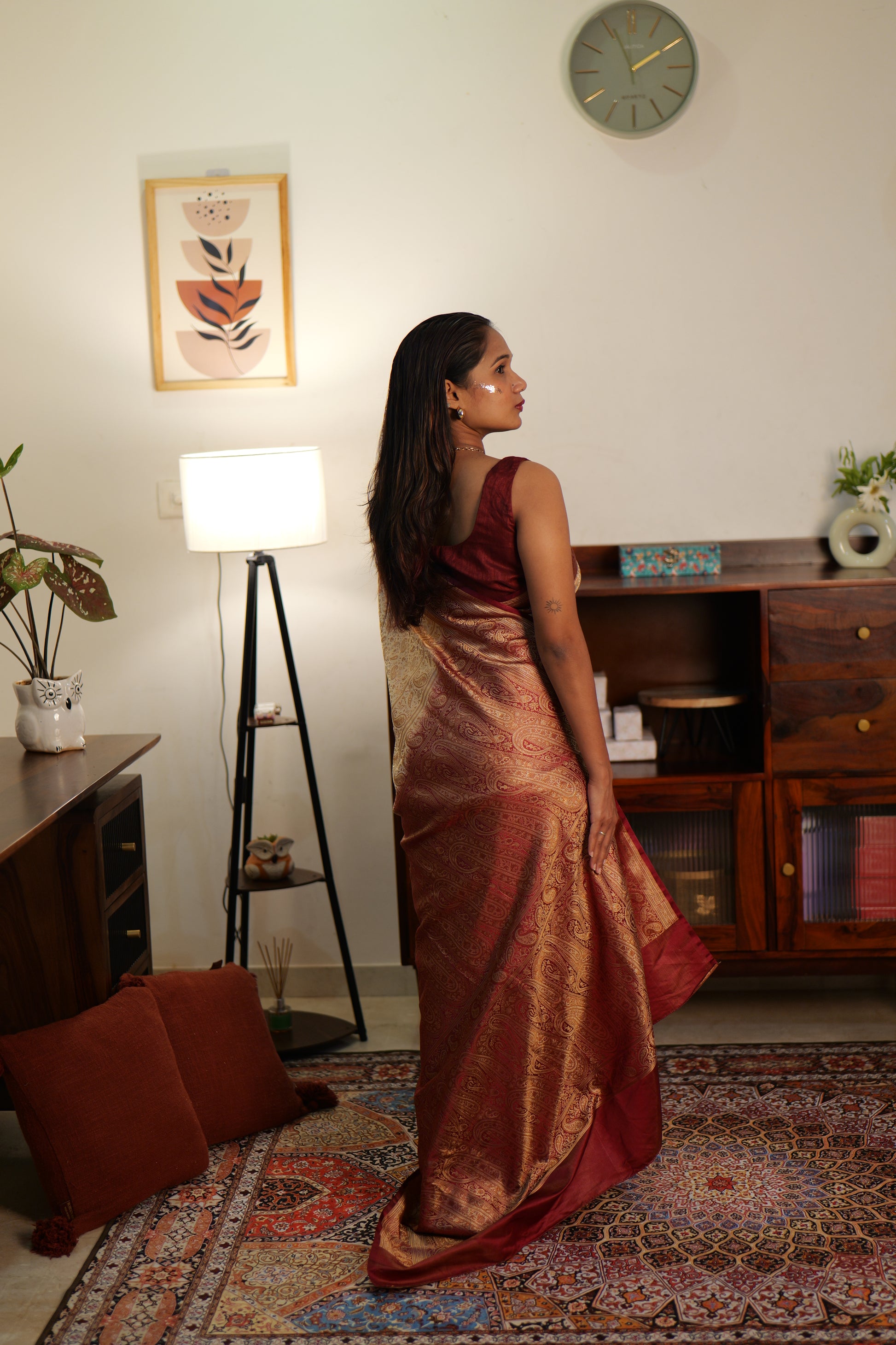 Royal Creme & Mehroon Tanchui Silk sare | Weave Owl handwoven in banaras