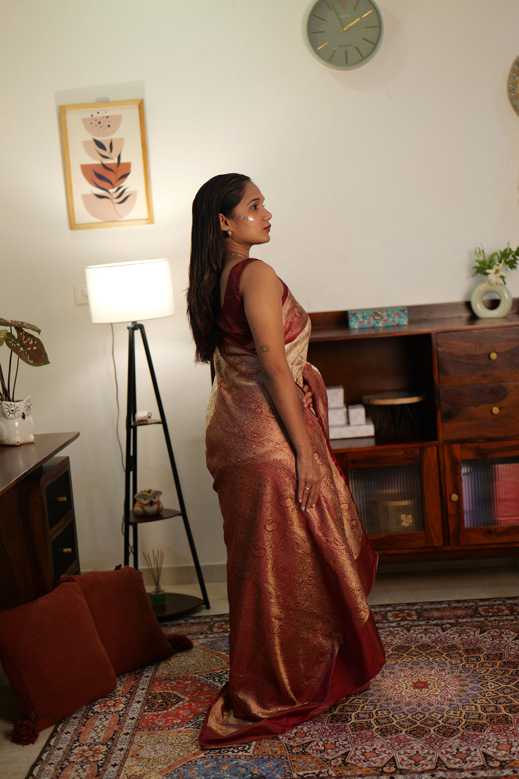 Royal Creme & Mehroon Tanchui Silk sare | Weave Owl handwoven in banaras
