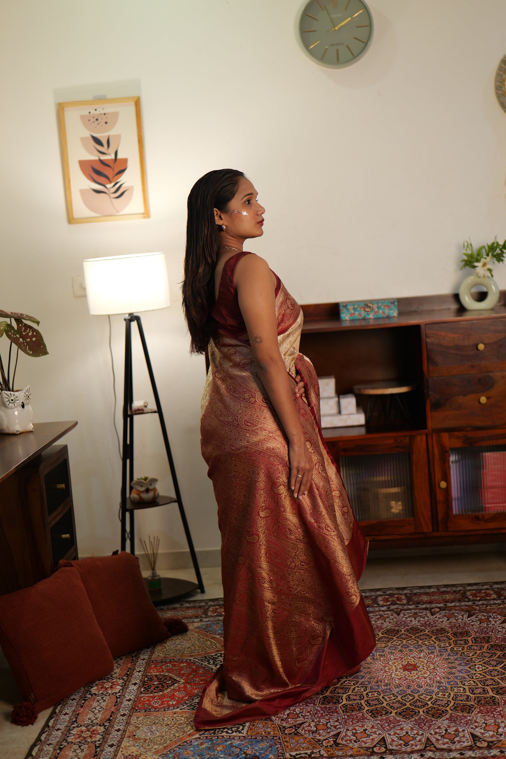 Royal Creme & Mehroon Tanchui Silk sare | Weave Owl handwoven in banaras