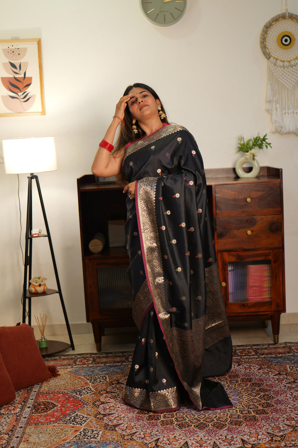 Black Banarasi Soft Silk Saree with Bootis