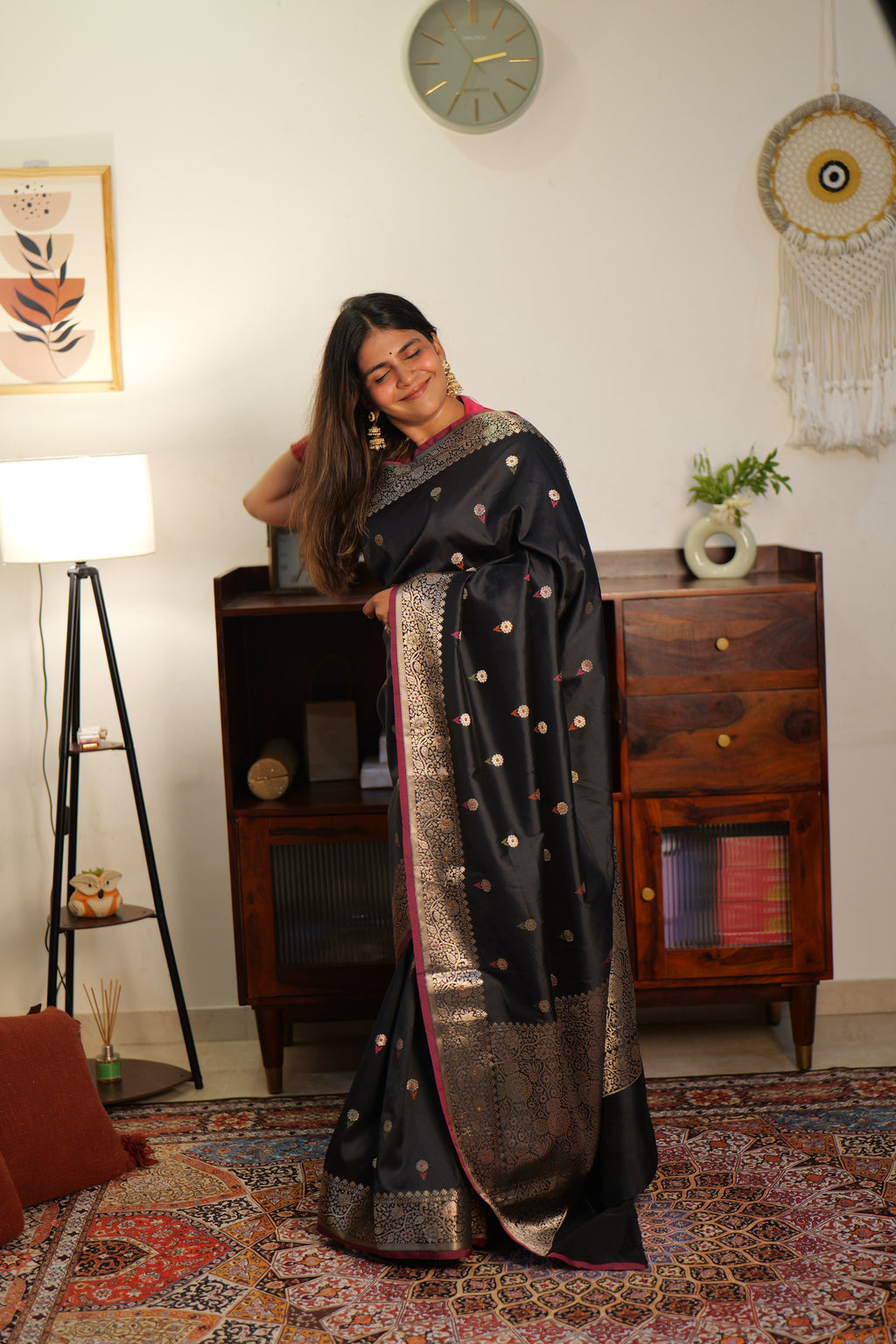 Black Banarasi Soft Silk Saree with Bootis