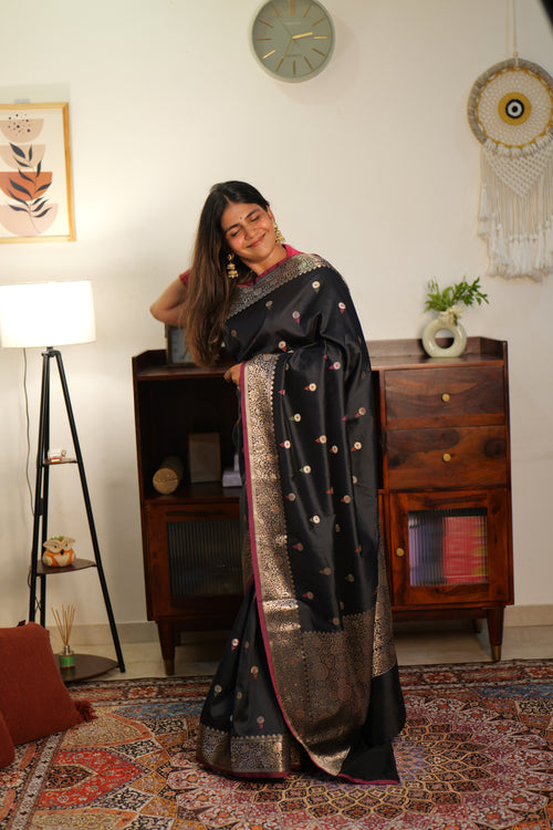 Black Banarasi Soft Silk Saree with Bootis