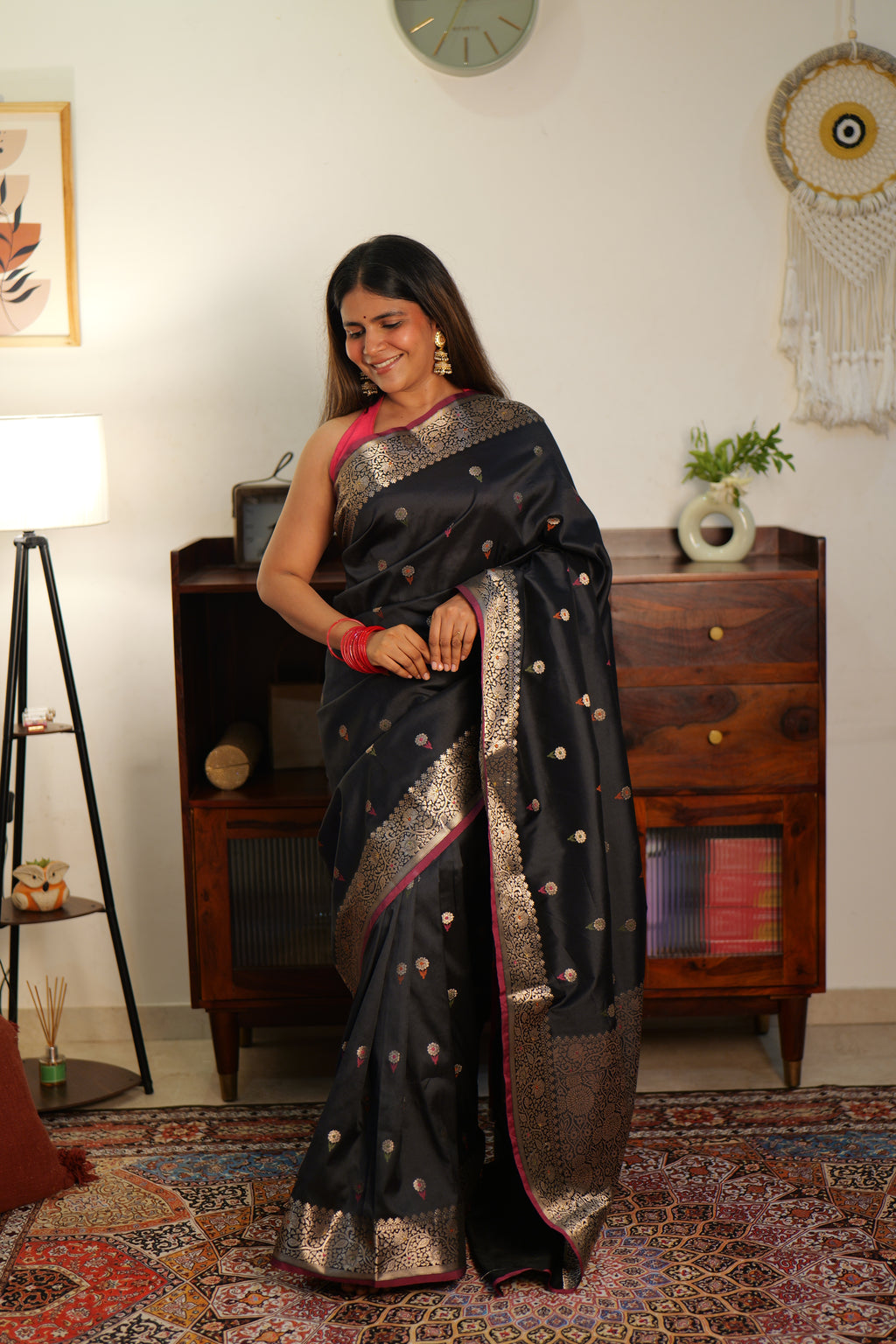 Black Banarasi Soft Silk Saree with Bootis