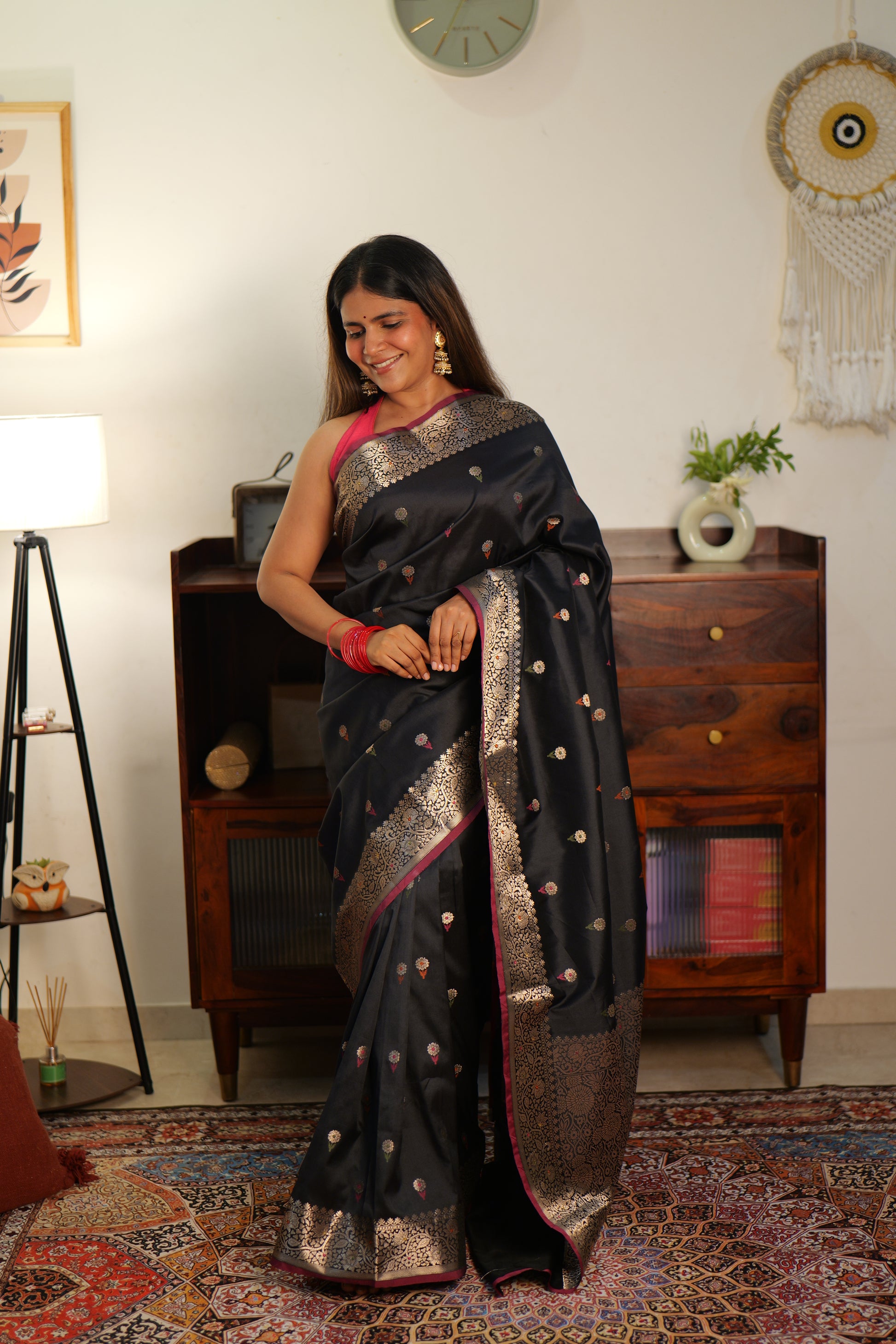 Black Banarasi Soft Silk Saree with Bootis