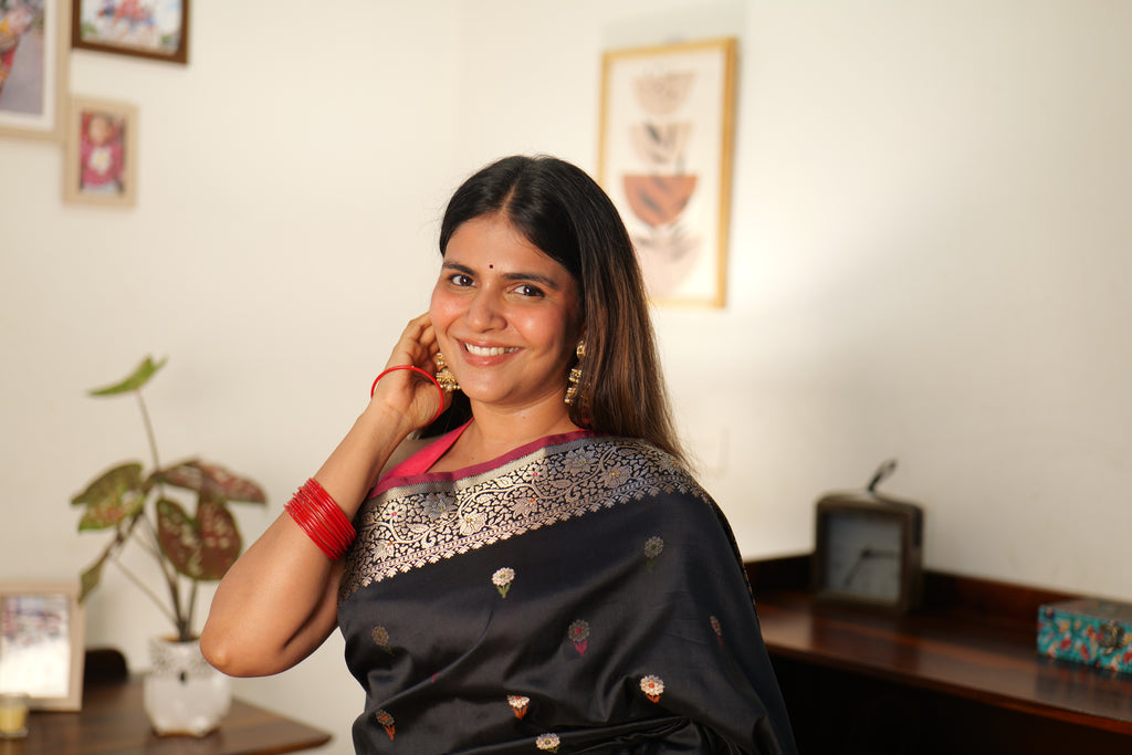 Black Banarasi Soft Silk Saree with Bootis