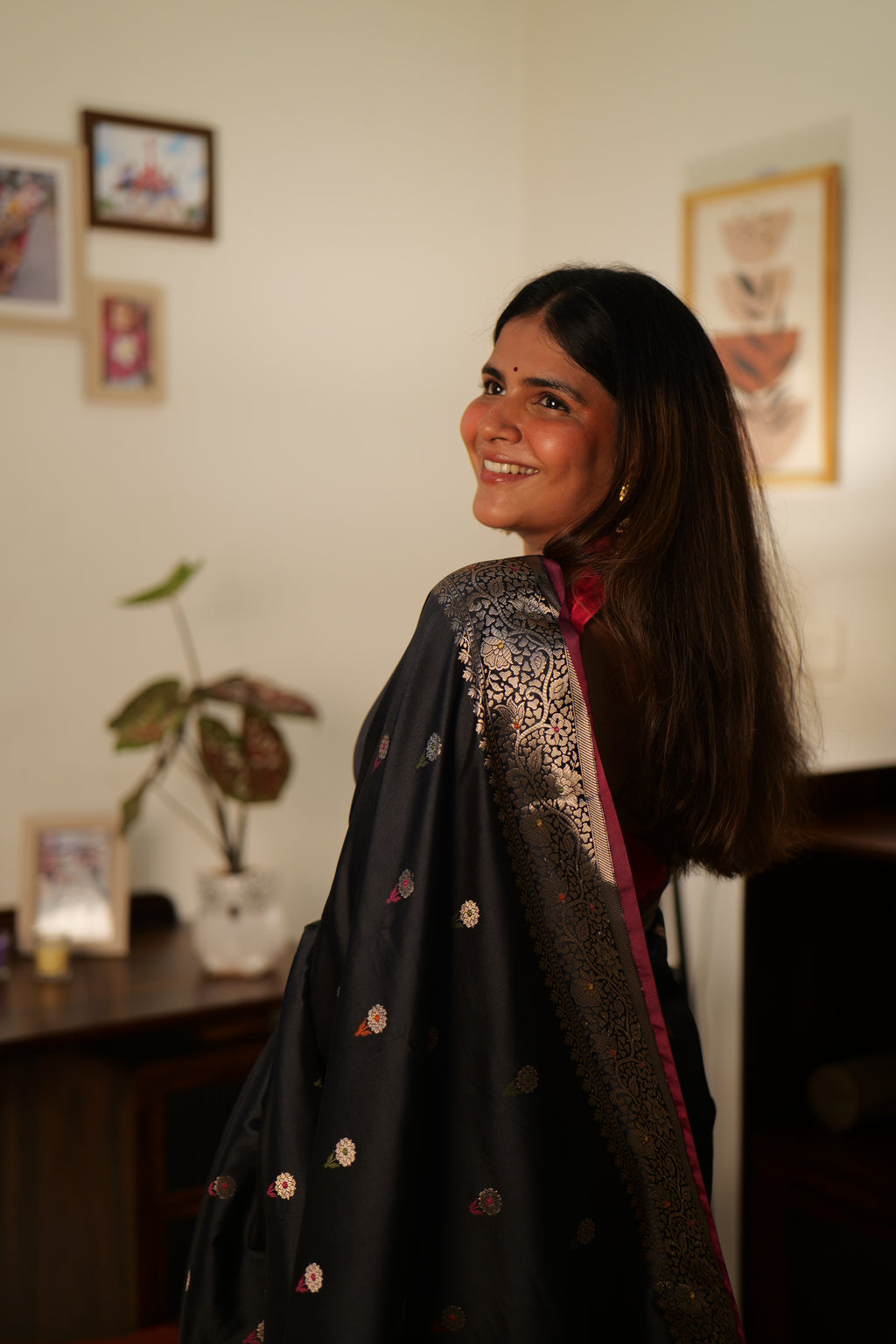 Black Banarasi Soft Silk Saree with Bootis