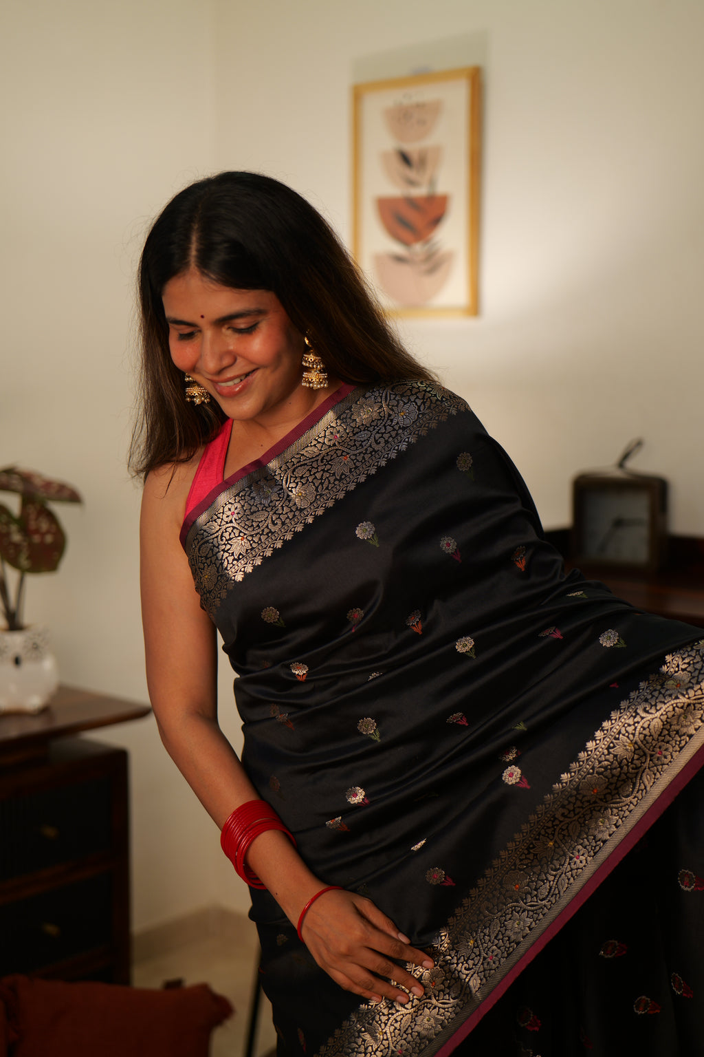 Black Banarasi Soft Silk Saree with Bootis