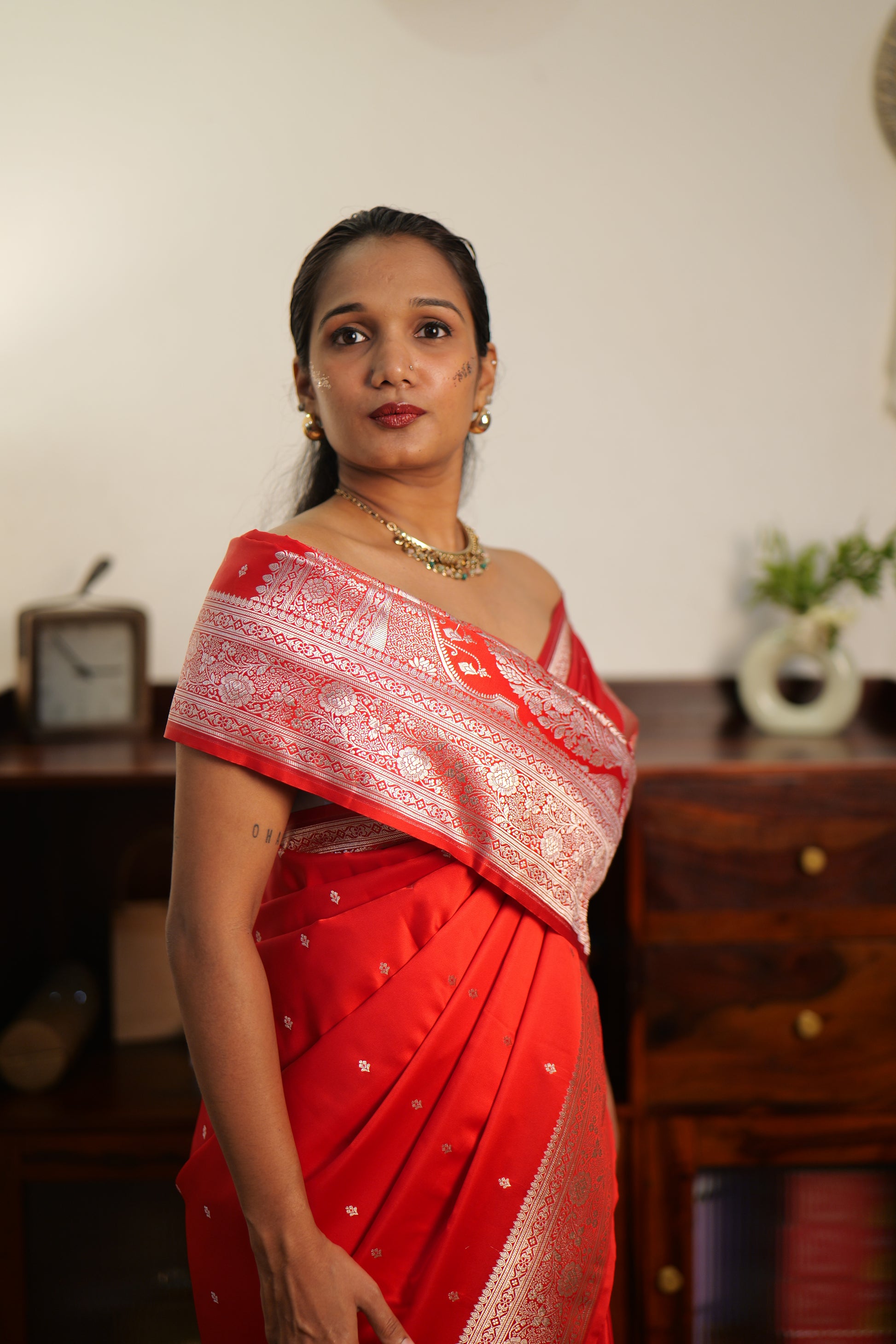 Pure Red Katan Banarasi Silk Saree | Weave Owl handwoven in banaras