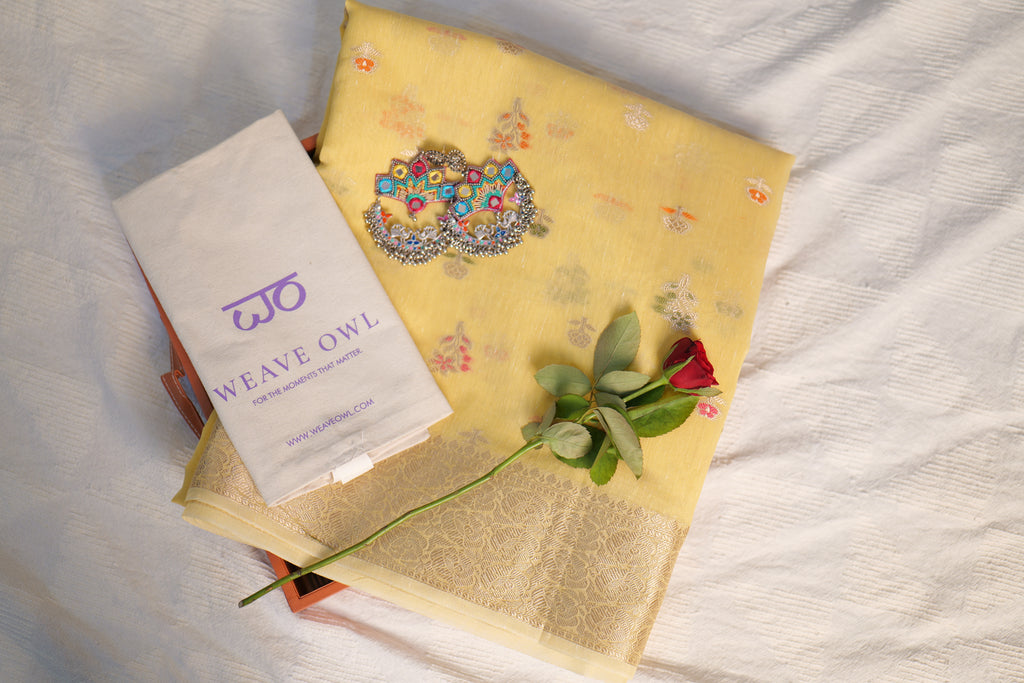 Lime Yellow Linen Silk Saree | Handwoven in Banaras