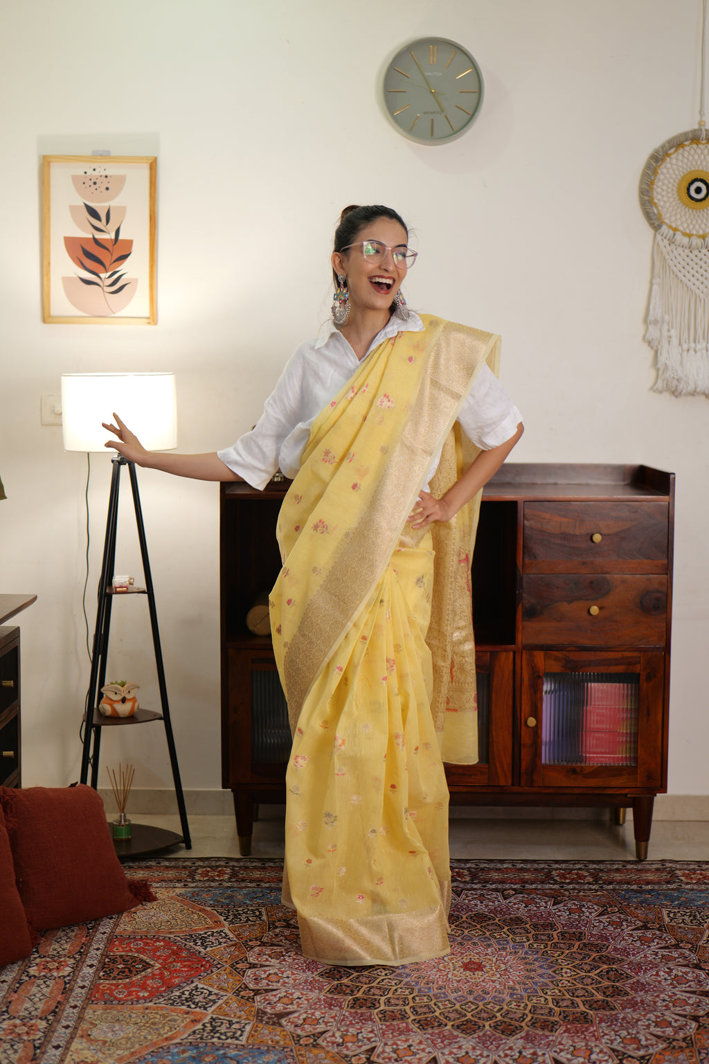 Lime Yellow Linen Silk Saree | Handwoven in Banaras