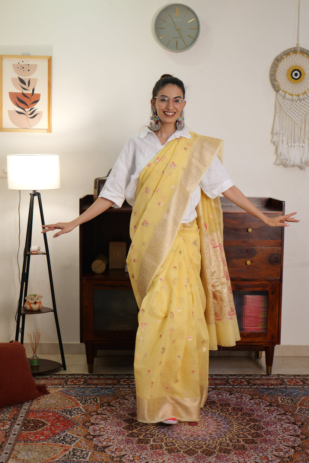 Lime Yellow Linen Silk Saree | Handwoven in Banaras