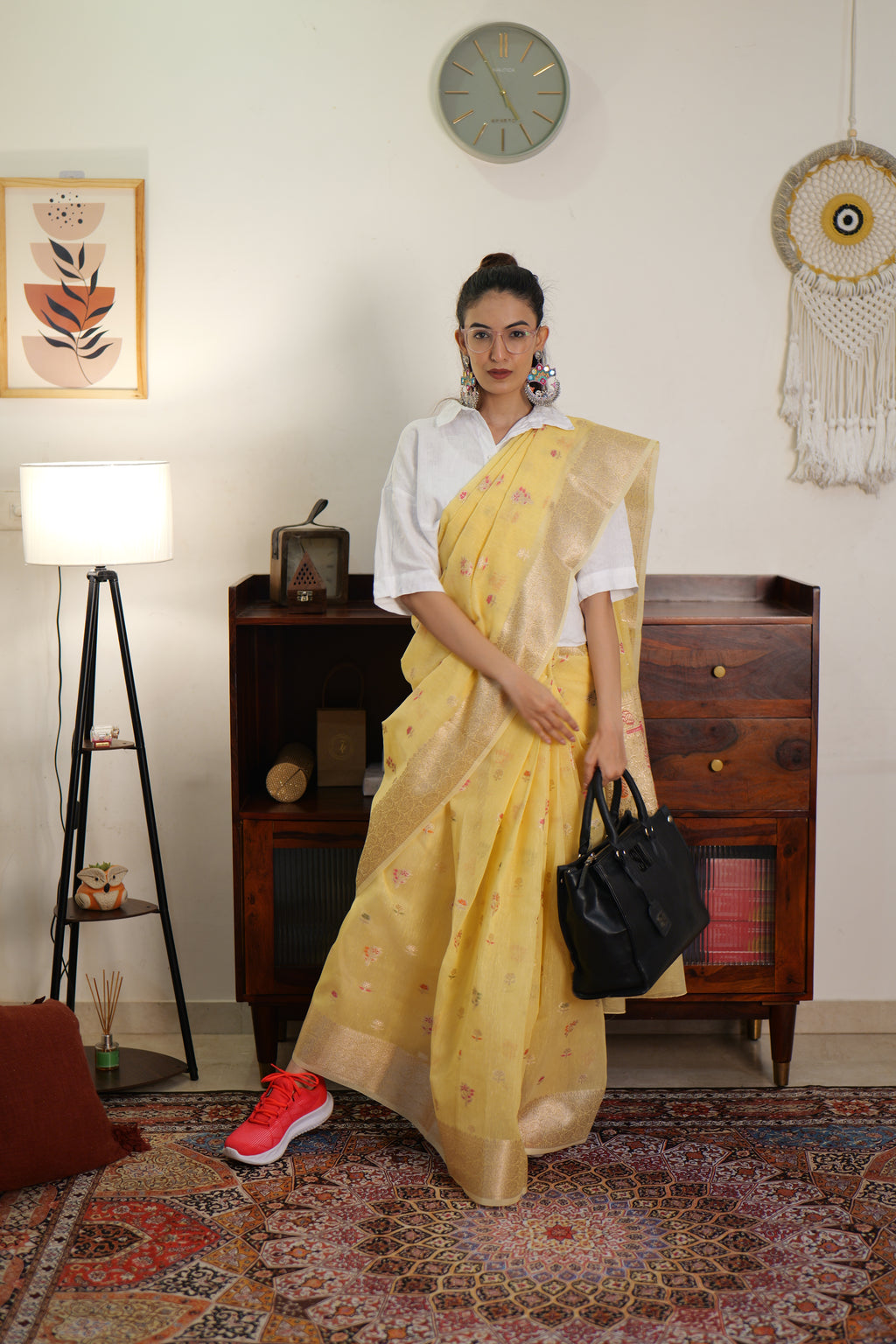 Lime Yellow Linen Silk Saree | Handwoven in Banaras