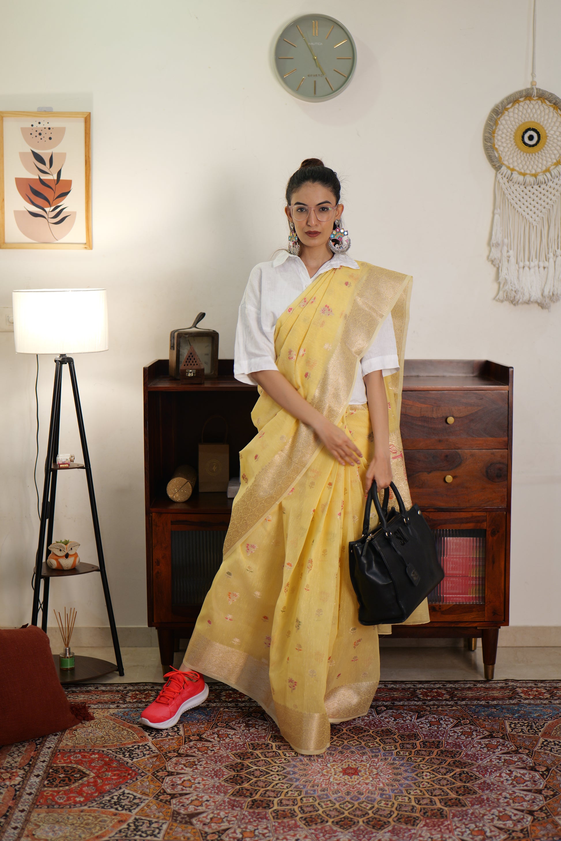 Lime Yellow Linen Silk Saree | Handwoven in Banaras