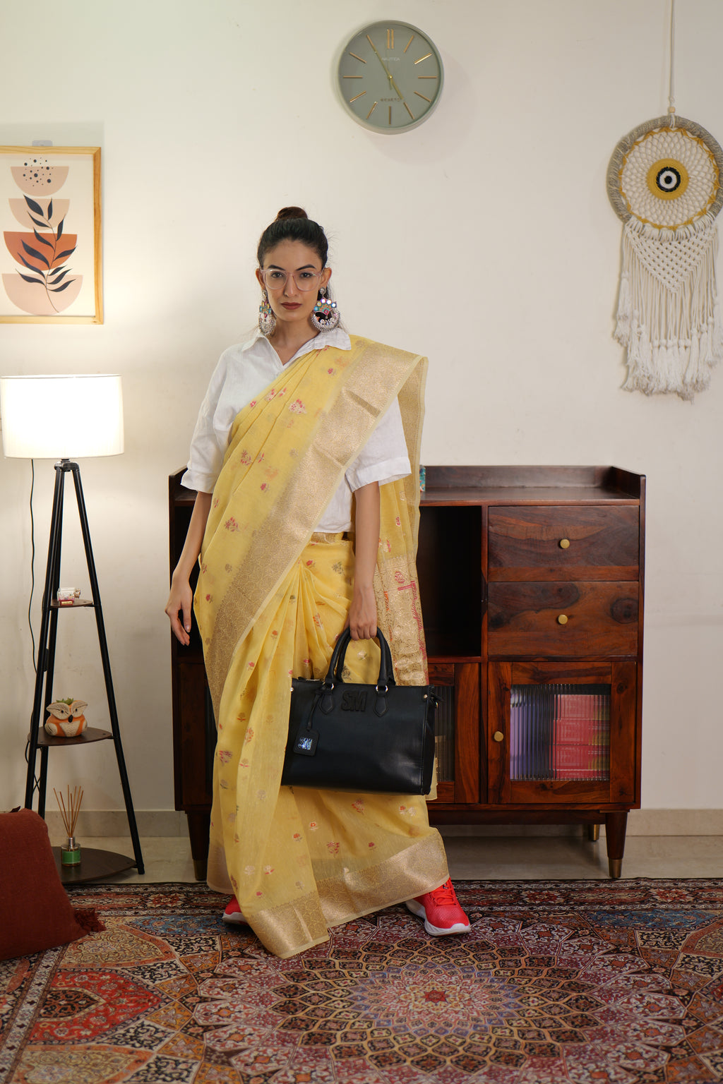 Lime Yellow Linen Silk Saree | Handwoven in Banaras
