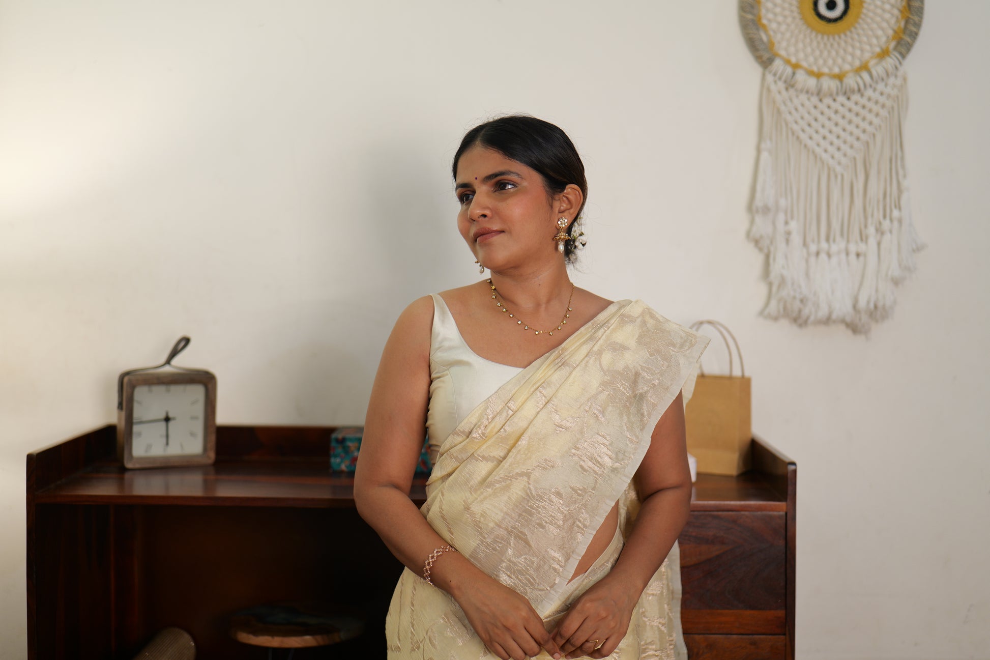 Golden crushed tissue silk saree | Weave Owl handwoven in banaras