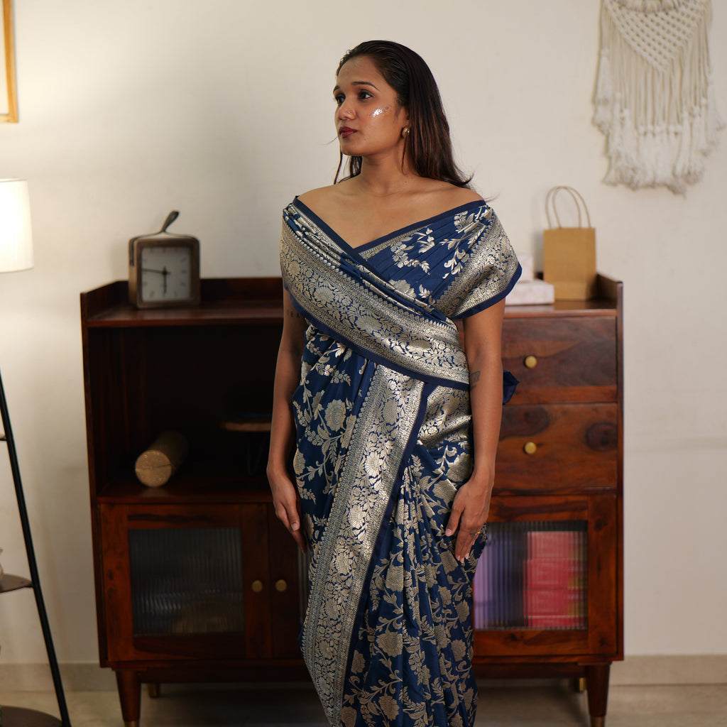 Royal blue katan silk saree | Weave Owl Handwoven in banaras