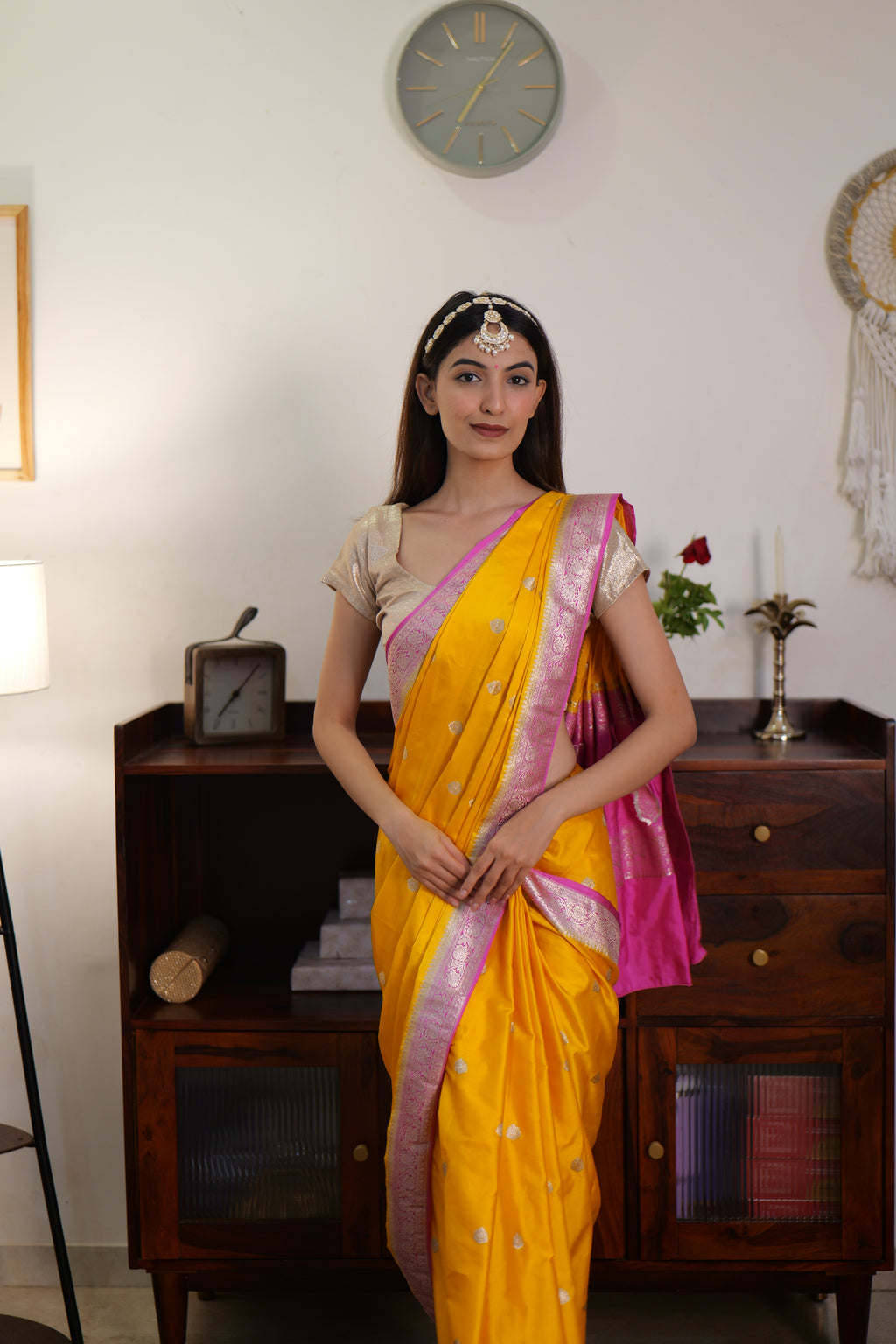 Yellow & Pink Handwoven Banarasi Mashru Silk Saree