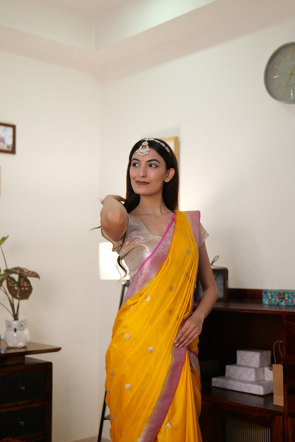 Yellow & Pink Handwoven Banarasi Mashru Silk Saree