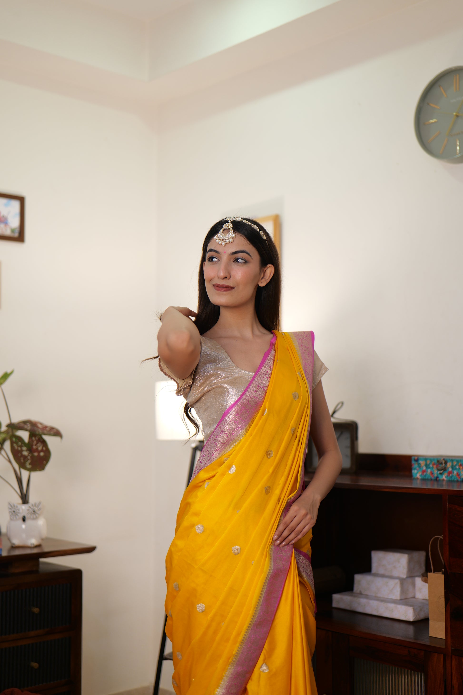 Yellow & Pink Handwoven Banarasi Mashru Silk Saree