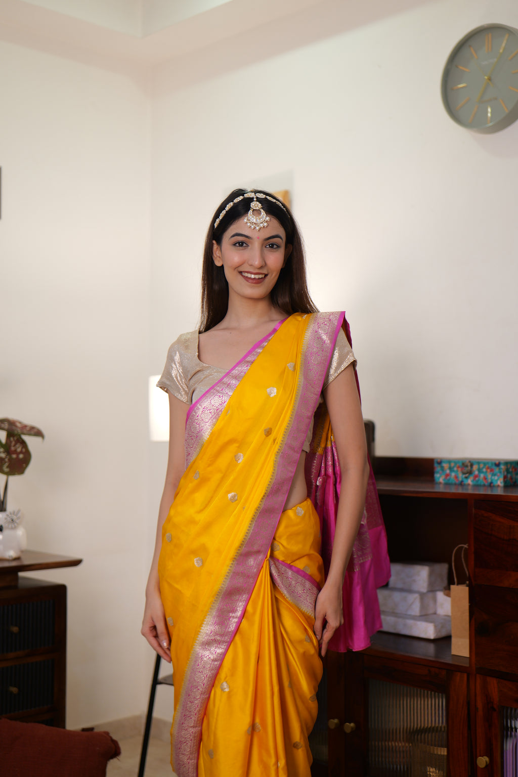 Yellow & Pink Handwoven Banarasi Mashru Silk Saree